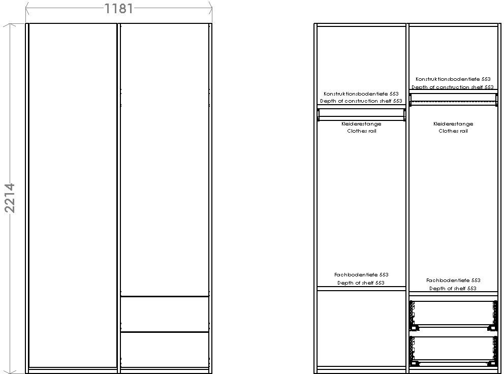 Kleiderschrank rechts unten Müller Plus LIVING SMALL weiß/birke kleiner Modular Variante 2 Schubladen 2 Inklusive