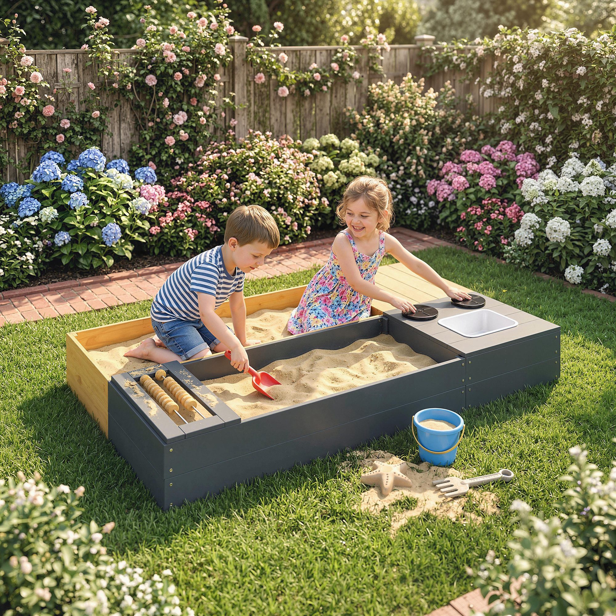 AIYAPLAY Sandkasten mit Sitzbank Stauraum Herd herausnehmbarem Waschbecken Abakusperlen, (150 x 90 cm Sandkiste, 2-tlg., Sandbox), für Kinder von 3-8 Jahren, für Outdoor Garten Hinterhof Gelb