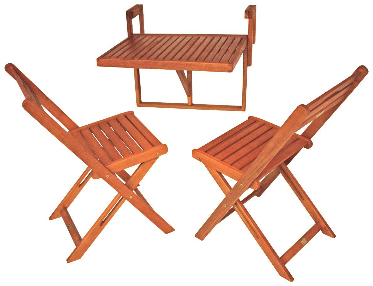 Garden Pleasure Balkonhängetisch BERKELEY (Set, 3-St), Eukalyptus, klappbar, 60x40cm, 2 Stühle, braun