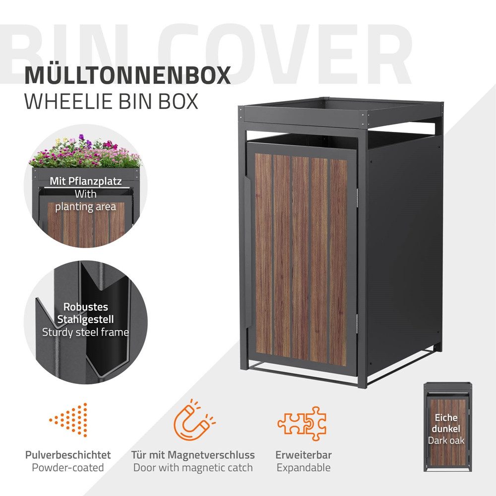 ML-DESIGN Mülltonnenbox Müllbox aus Stahl wetterfeste Mülltonnen Verkleidung Mülltonnengarage, Mülltonnencontainer mit Pflanzdach für 1 Tonne 120 oder 240 Liter