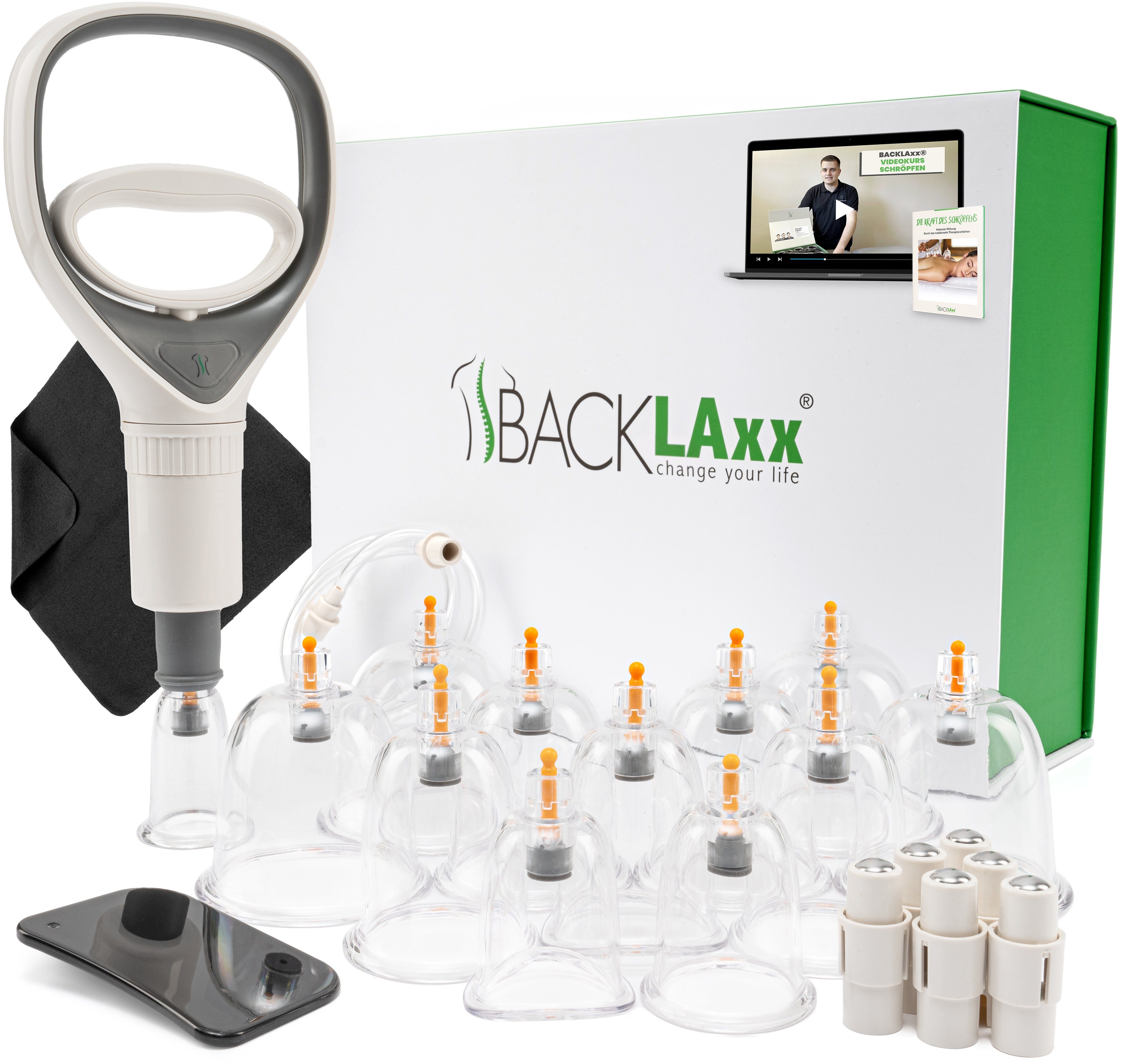 BACKLAxx® Massagegerät Schröpfen Set, 12x Glocken, 6x Therapiemagnete, 1x Vakuumpumpe, 1x Faszienschaber, 1x Schlauch, 1x Mikrofasertuch 21-tlg., 12 teilig