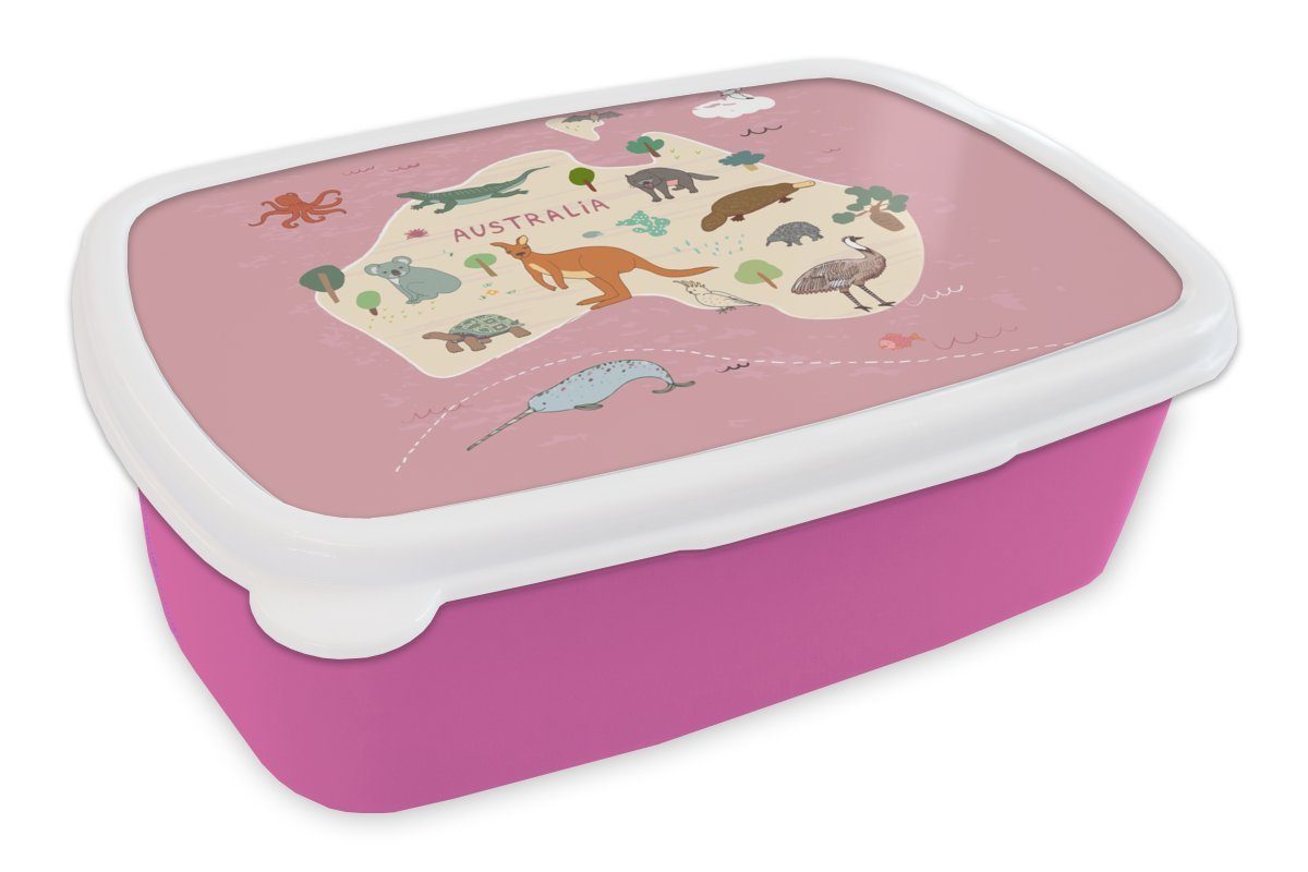MuchoWow Lunchbox Australien - Weltkarte - Kinder - Tiere - Mädchen - Kinder, Kunststoff, (2-tlg), Brotbox für Erwachsene, Brotdose Kinder, Snackbox, Mädchen, Kunststoff rosa