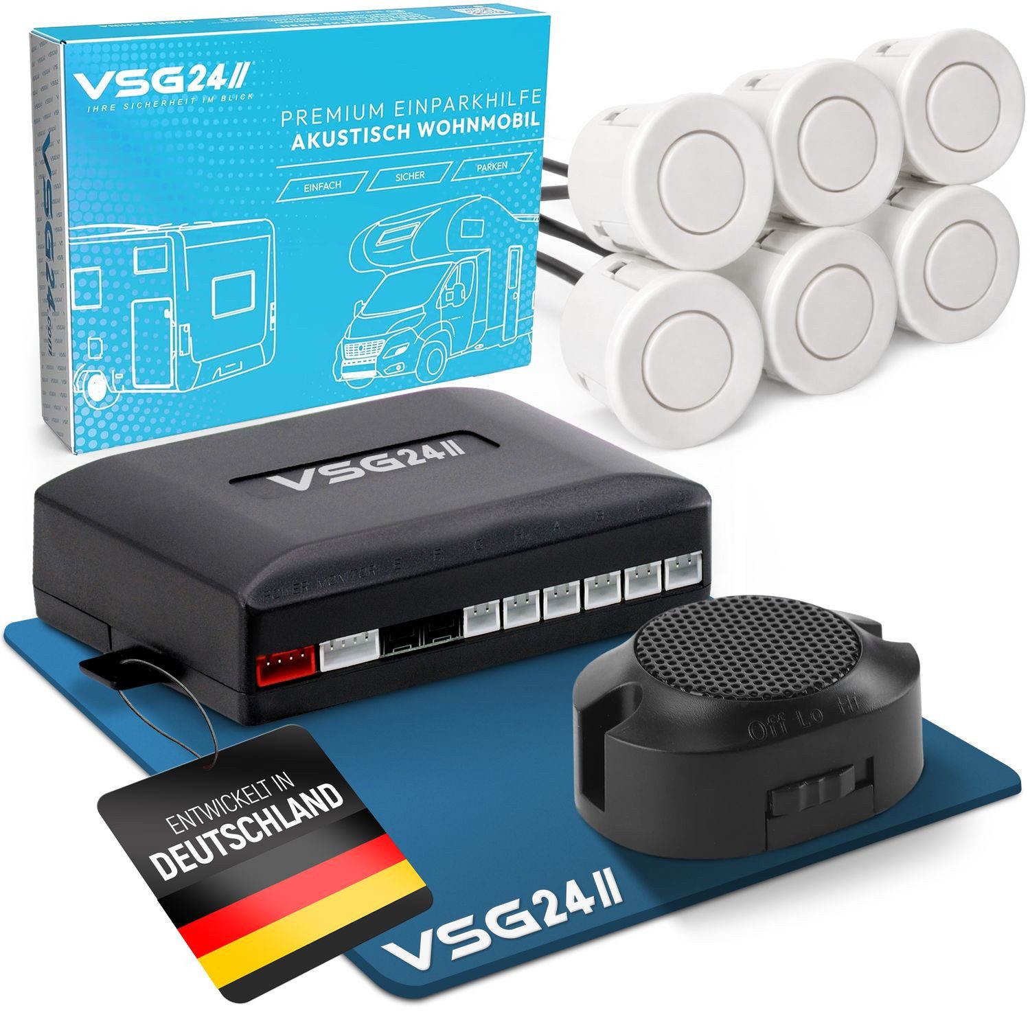 VSG24 Premium Einparkhilfe ECHO PLUS WOHNMOBIL Parkhilfe zum nachrüsten PDC Rückfahrkamera (Rückfahrwarner mit Lautsprecher & 6 Sensoren Stecksystem Nachrüstsatz)