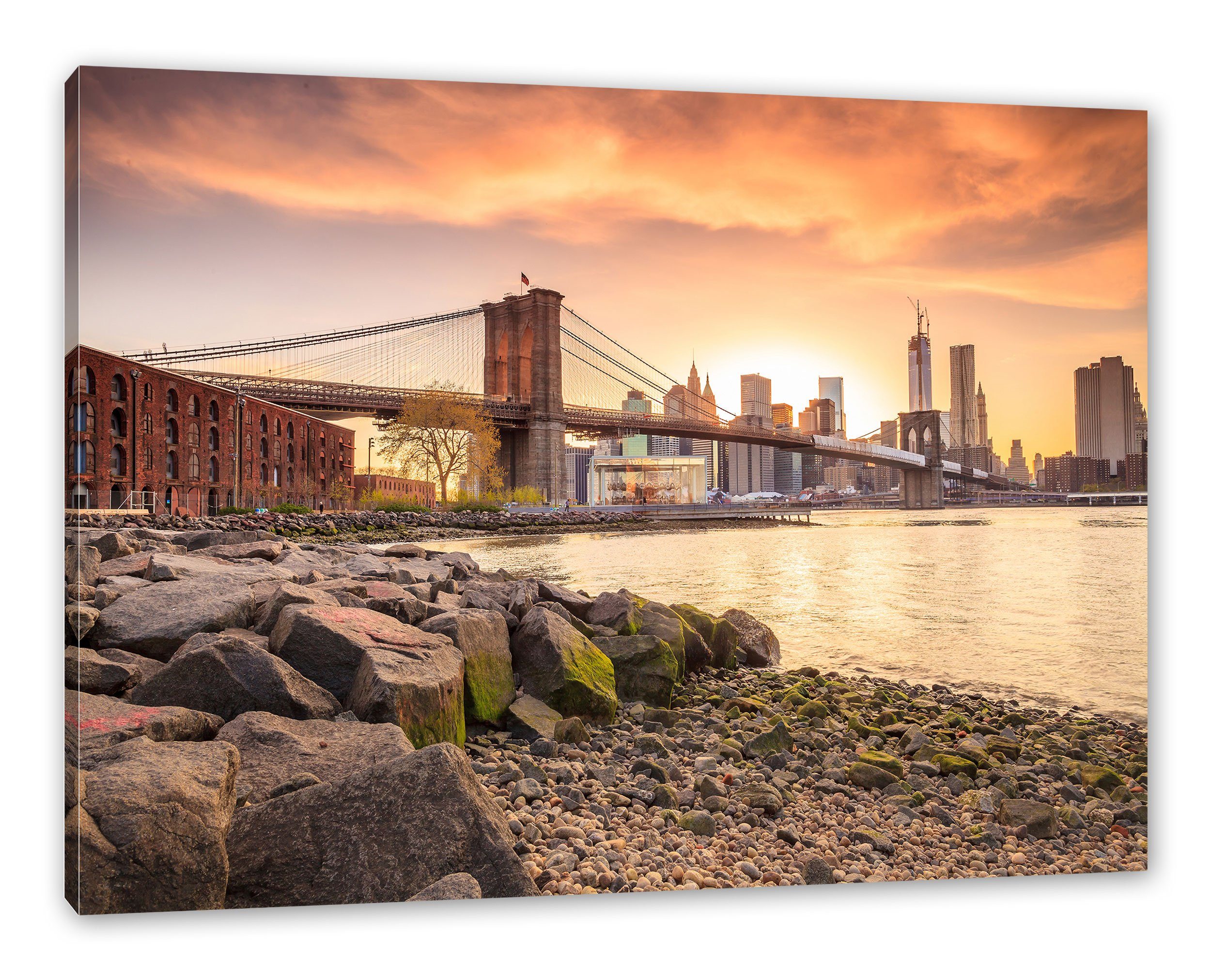 (1 Sonnenuntergang, fertig bespannt, Leinwandbild Bridge Leinwandbild Bridge inkl. Brooklyn St), Brooklyn Pixxprint Zackenaufhänger Sonnenuntergang