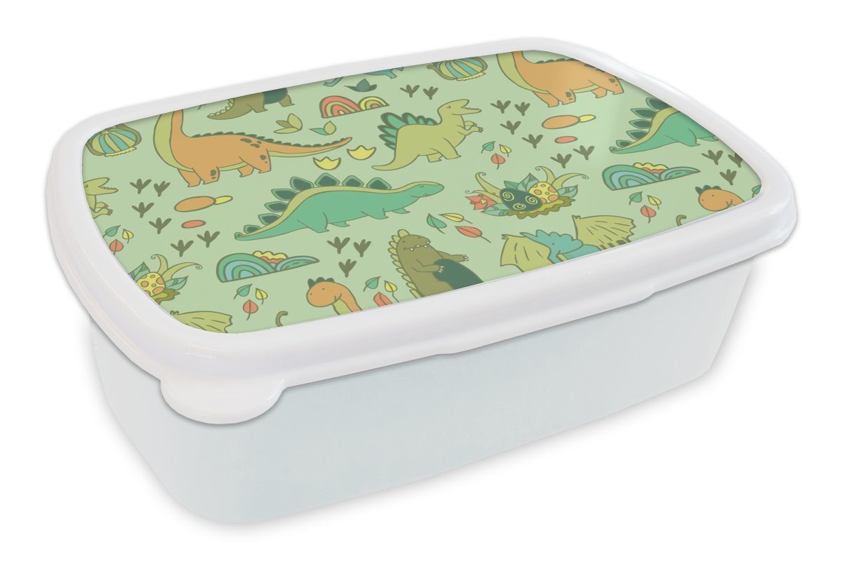 MuchoWow Lunchbox Muster - Dino - Grün - Kleiner Junge - Kind - Kinder, Kunststoff, (2-tlg), Brotbox für Kinder und Erwachsene, Brotdose, für Jungs und Mädchen weiß