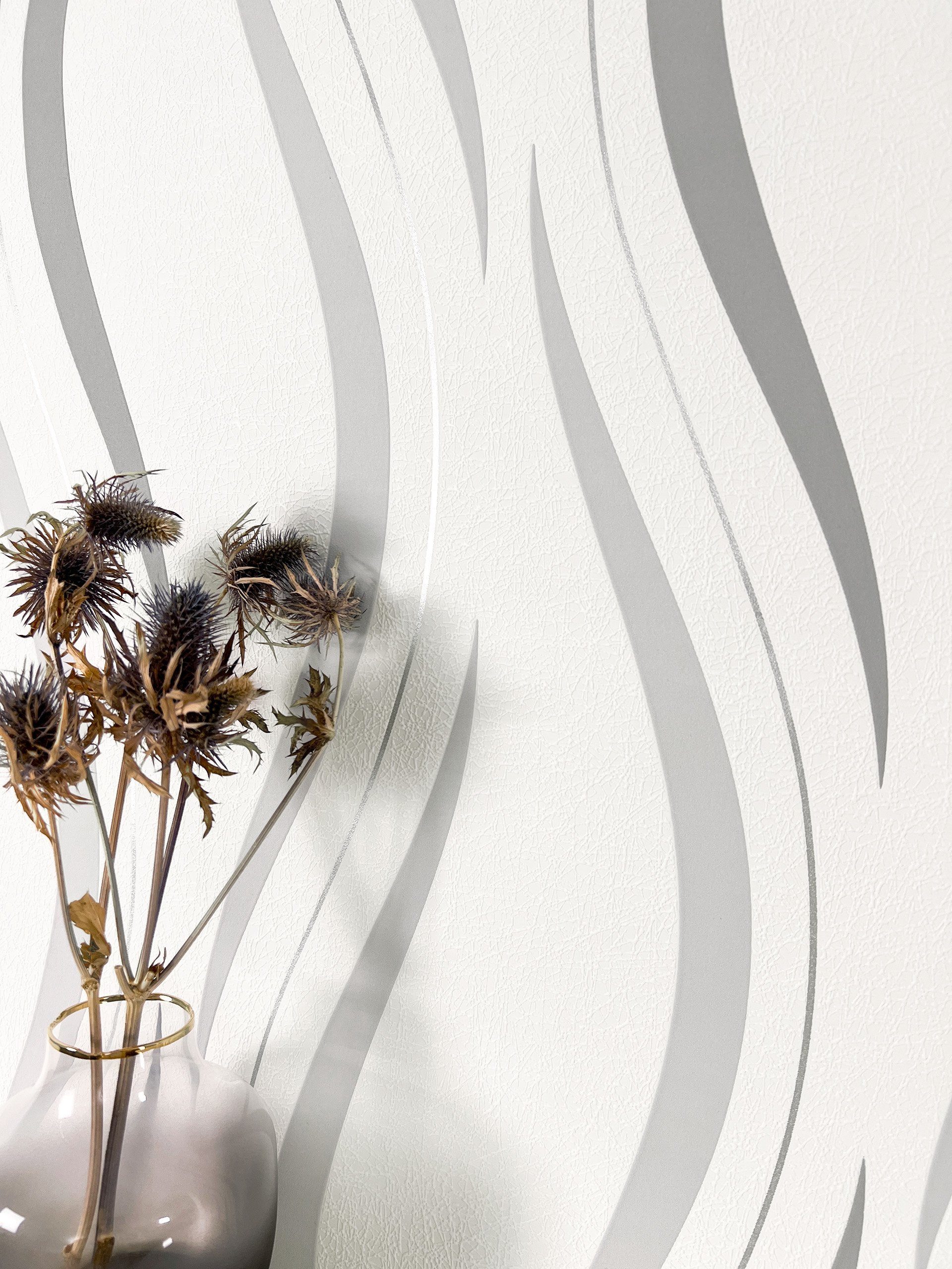 Newroom Vliestapete, Silber Tapete Modern Grafik - Mustertapete Grafik-Tapete Grau Grafisch Glamour Muster Metallic für Wohnzimmer Schlafzimmer Küche, Mustertapete, Grafik-Tapete