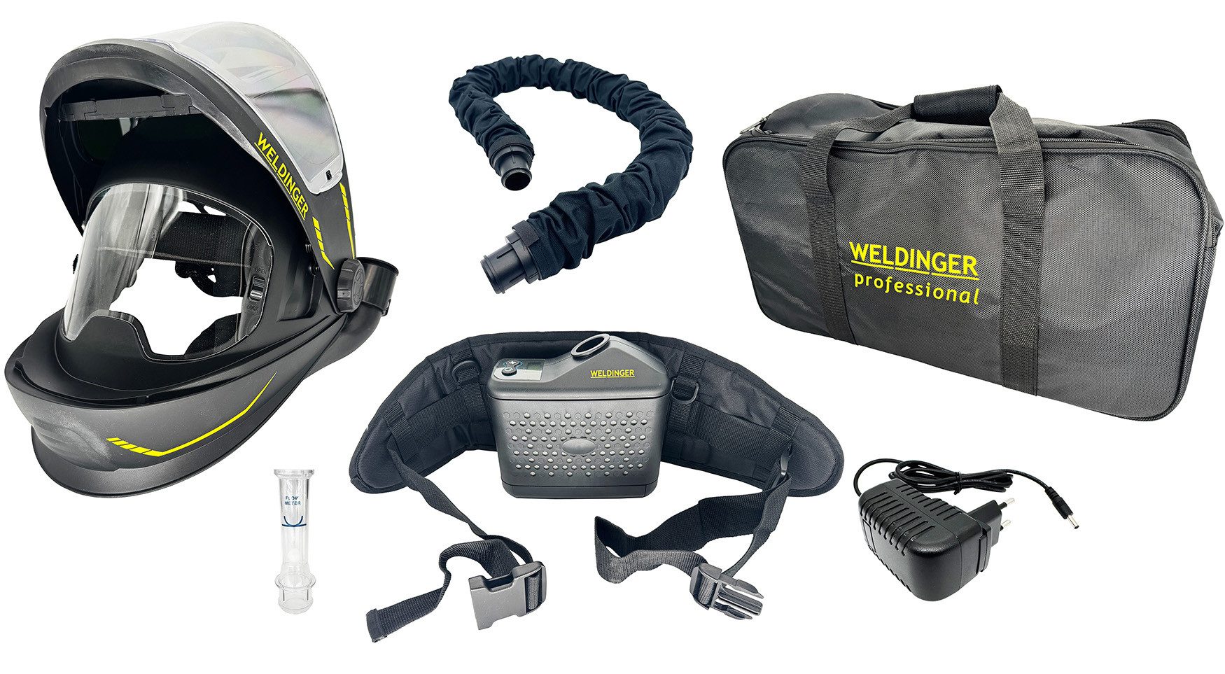 WELDINGER Schweißhelm Frischluftsystem FS-800 mit Schweißhelm AH 850 flip up air system (5-tlg), Realcolour-Sichtfeld, Flip Up-Visier, Lithium-Wechselakkusystem