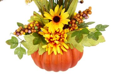 Kunstblume Gesteck aus Dahlien Beeren Gräsern im Kürbis, I.GE.A., Höhe 40 cm, Arrangement mit künstlichen Blumen Dekoblumen Herbstdeko