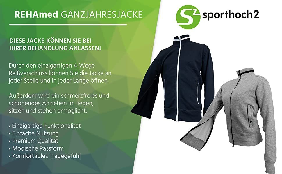 optimal für und - Jacke Chemo Ganzjahresjacke Front, & mit Sweatjacke hellgrau-melange Außentaschen Dialyse, sporthoch2 REHAmed Ärmeln Reißverschluss Mehr-Wege an Stehkragen Herren Sportrehabilitation,