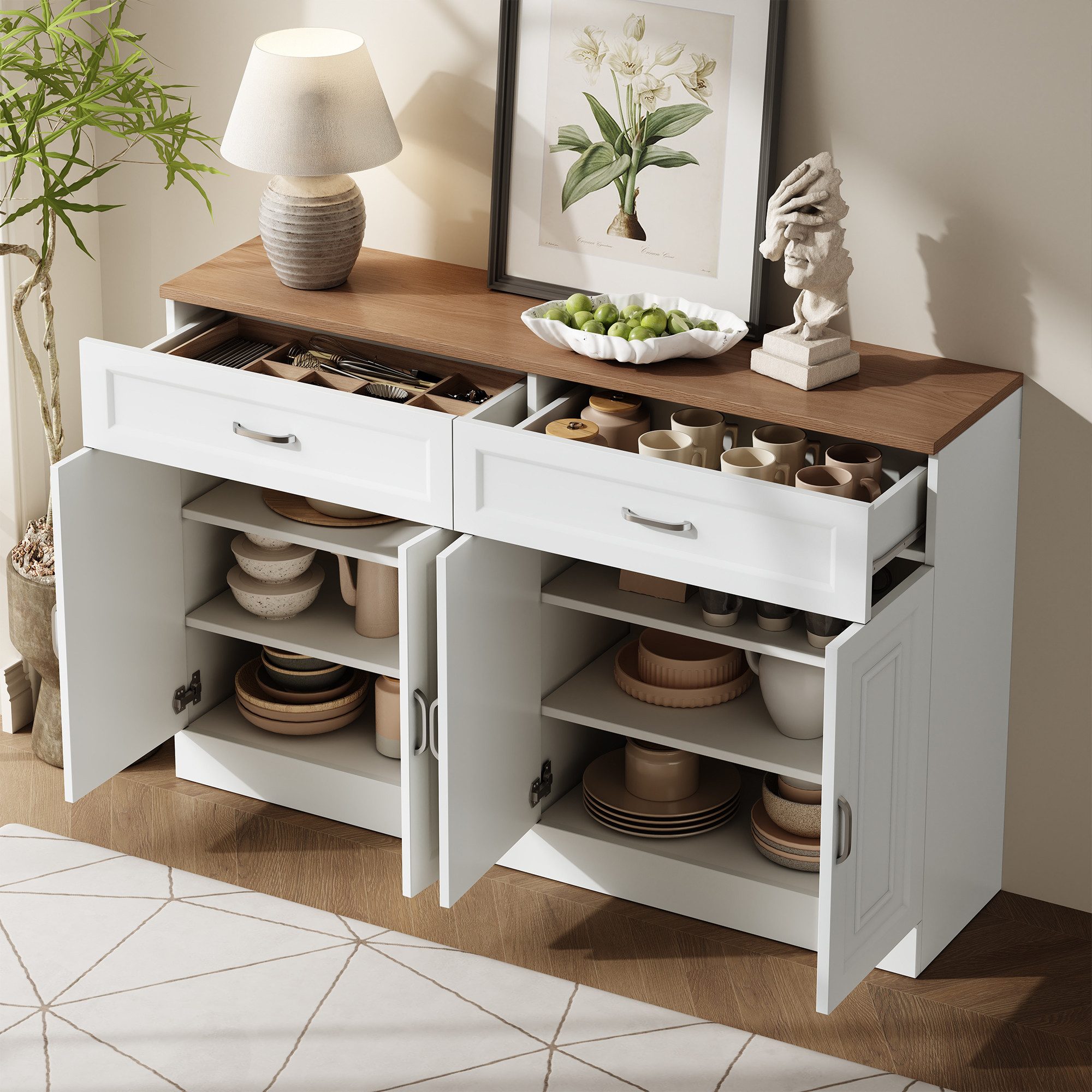 Merax Sideboard mit Soft-Close-System & natürlicher Holzmaserung (1 St., 120×35×80,5 cm), Kommode mit 4 Türen, 2 Schubladen & verstellbaren Einlegeböden