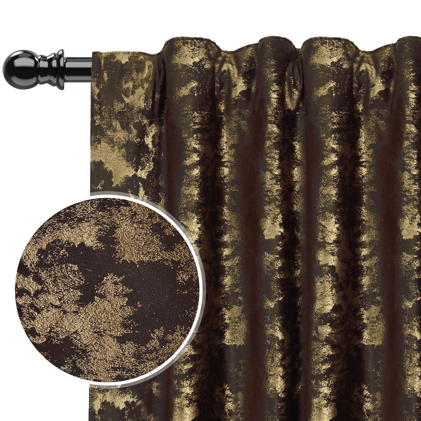 BTTO Vorhang Vorhangschal mit Goldprint Toffeebraun mit Golddruck 132 x 213 cm, Dekorativer Sichtschutz mit elegantem Goldprint fürs Fenster
