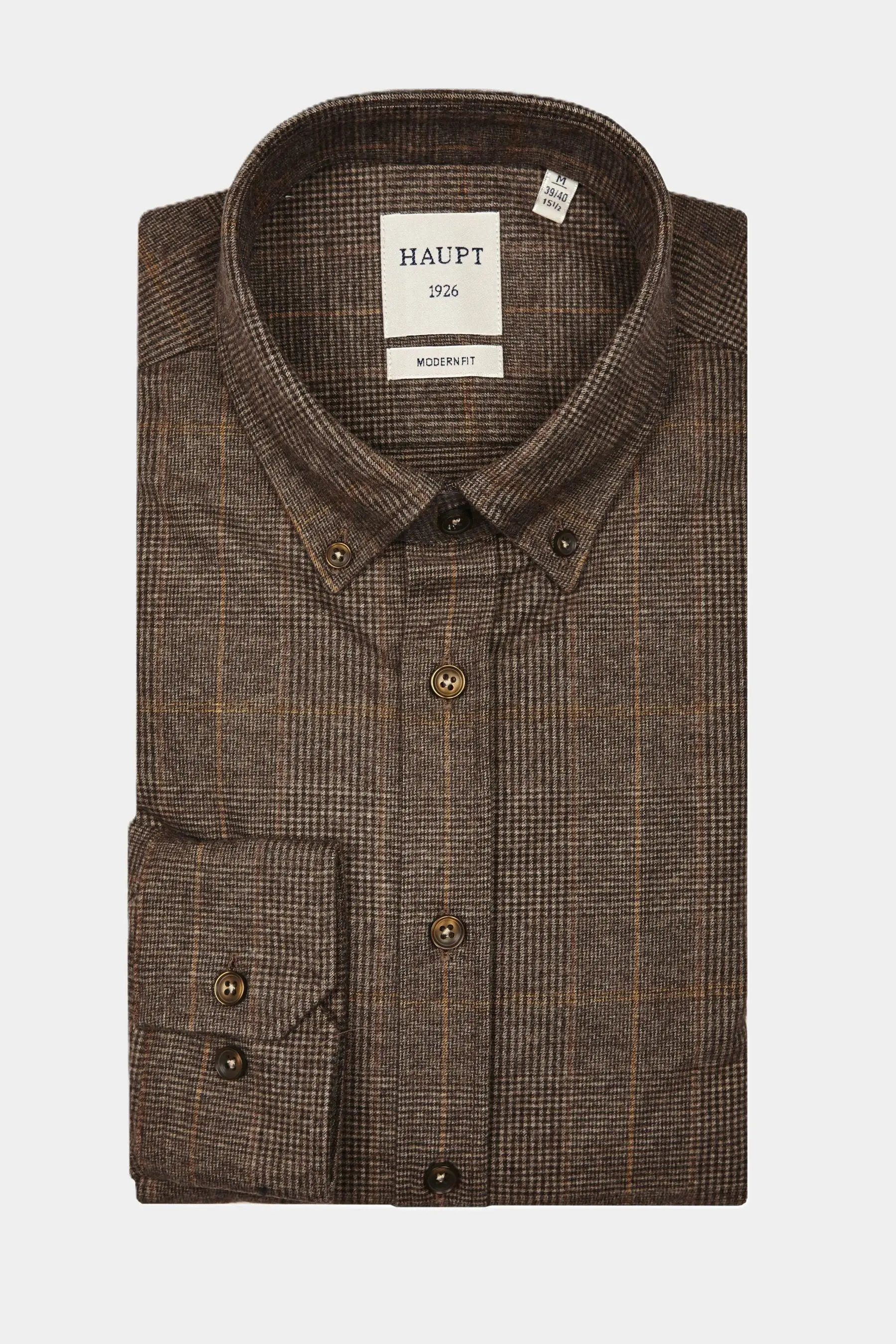 Haupt Langarmhemd Haupt Flanell Modern Fit Langarm Herrenhemd mit kariertem Brown Muster
