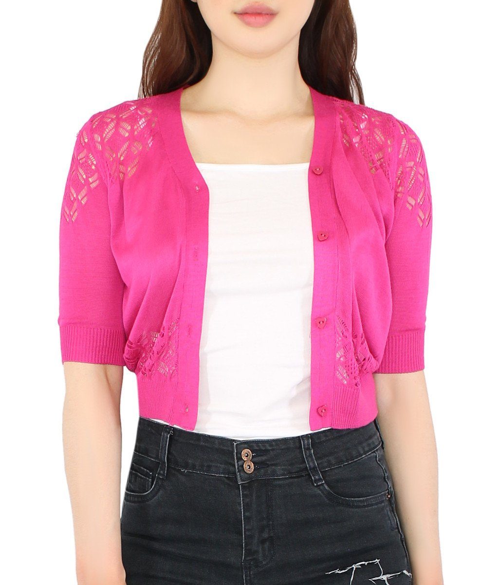 Cardigan Strickjacke CA102-PinkishPink Sommer Kurze Sommercardigan Damen mit Jäckchen Knopfleiste, Unifarben dy_mode in Bolero