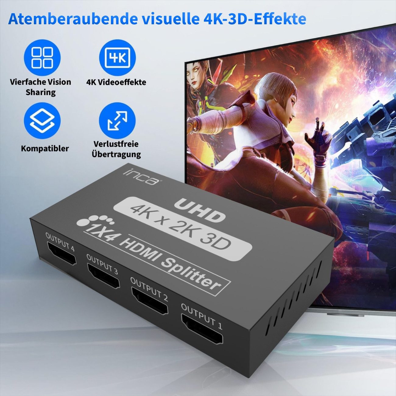 INCA HDMI-Splitter IHSK-430, 4K HDMI Splitter 1x4 mit Netzteil und 3D-Unterstützung