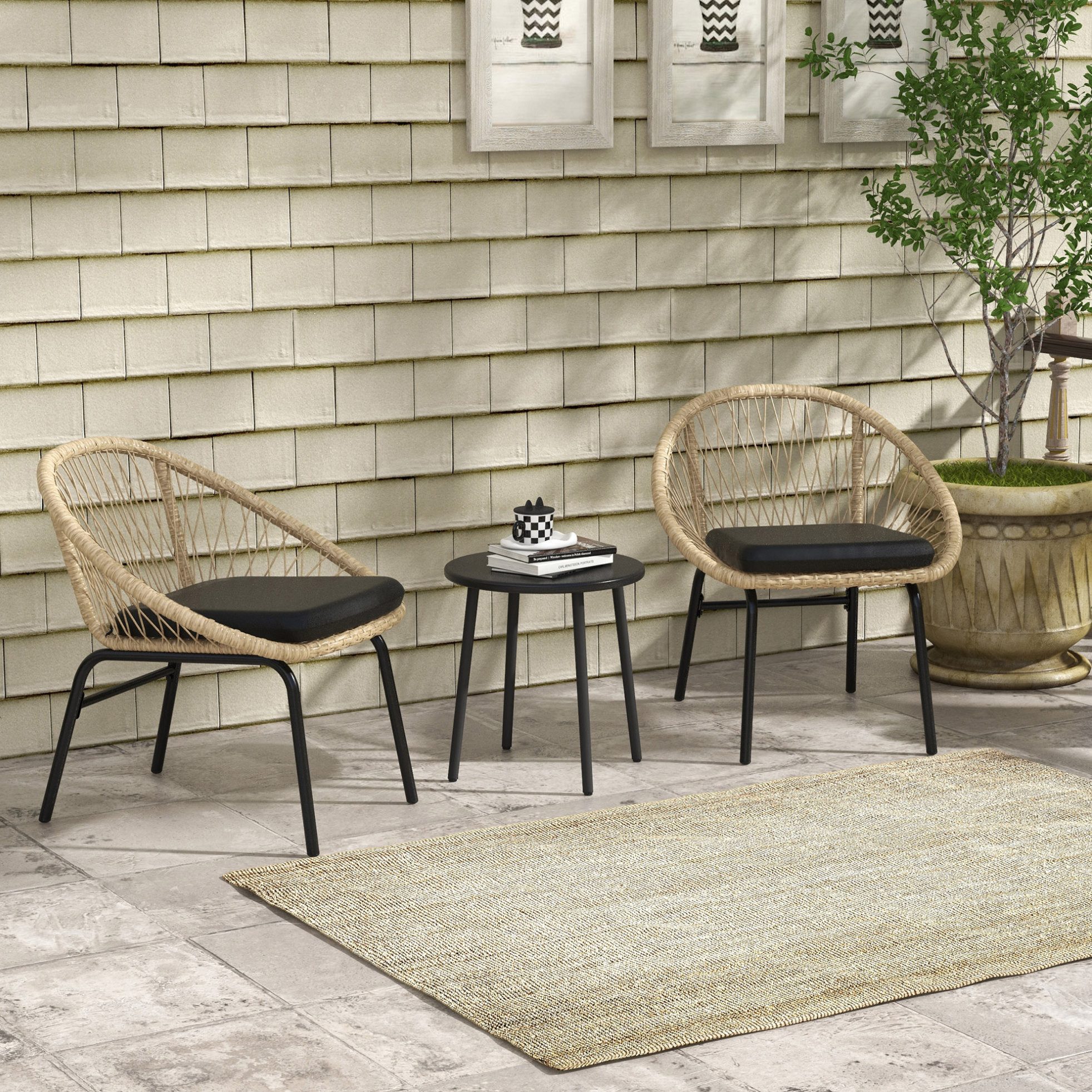 OKWISH Sitzgruppe 3‑tlg. Rattan-Gartenmöbel-Set mit Couchtisch, 2 Stühlen & Kissen, (Set, 3-tlg., in Gelb, 40x40x45 cm, 2‑Personen-Garnitur in kräftiger Farbe), Balkonmöbel-Set für Terrasse, Garten & kleine Bereiche, Polyester