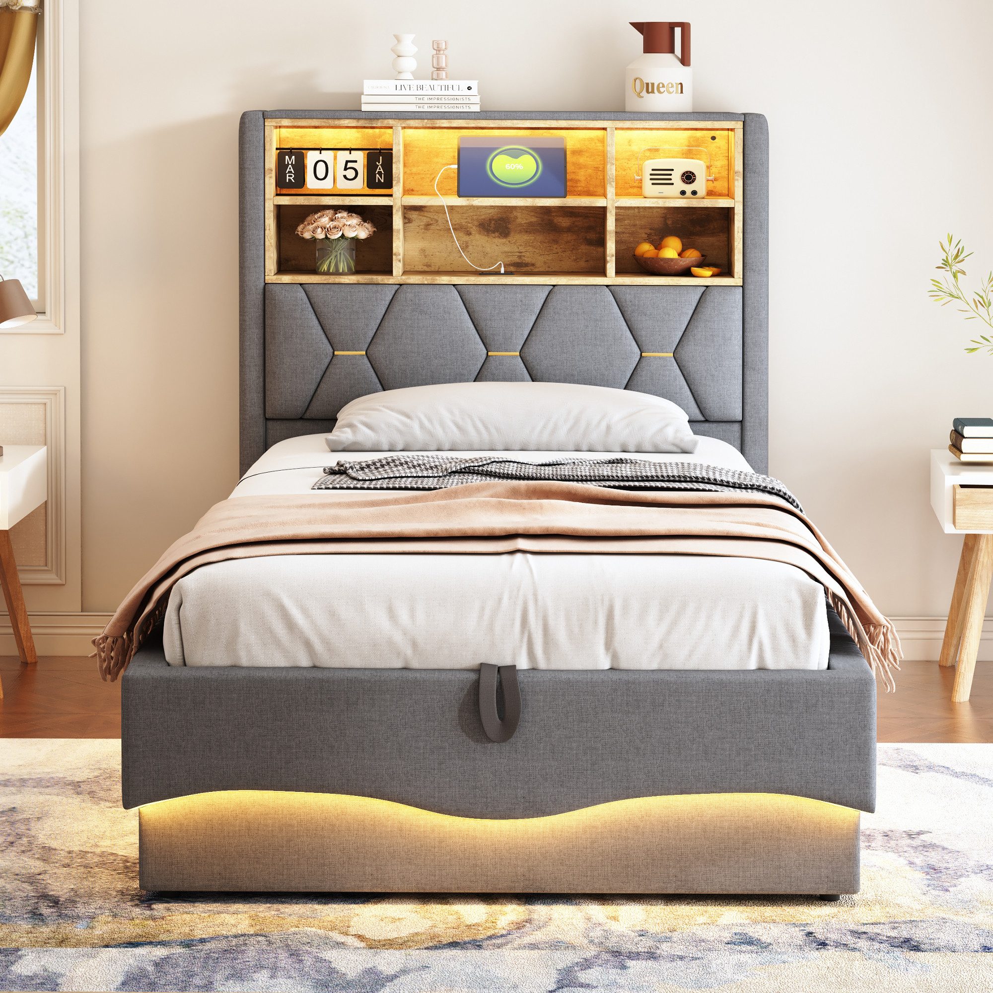 STILVORA Polsterbett 90x200 mit LED-Licht&USB,Jugendbett Einzelbett mit Lat günstig online kaufen