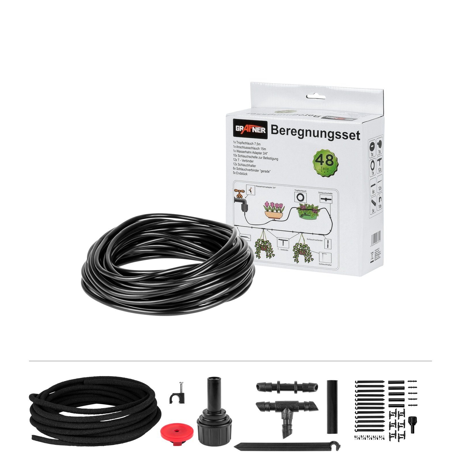 Grafner Bewässerungssystem Grafner Bewässerungsset Tropfschlauch Perlschlauch 48-teilig, (48-tlg), Zuverlässige und gleichbleibende Bewässerung