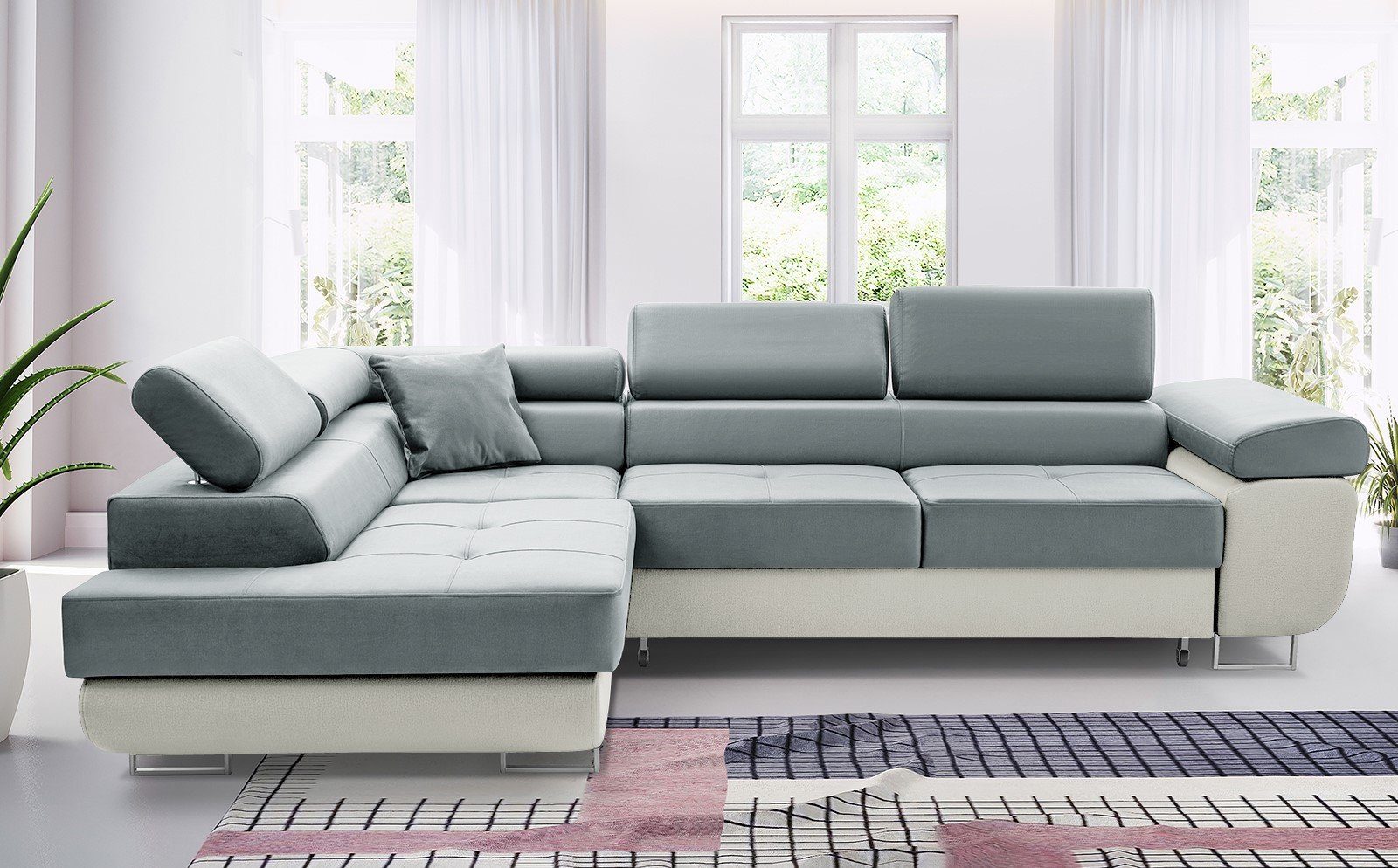 Unique Home Ecksofa Ecksofa GM-AST mit Schlaffunktion, Bettkasten, Verstellbare Kopfstütze, Farbe wählbar Trinity 14 + Soft 17