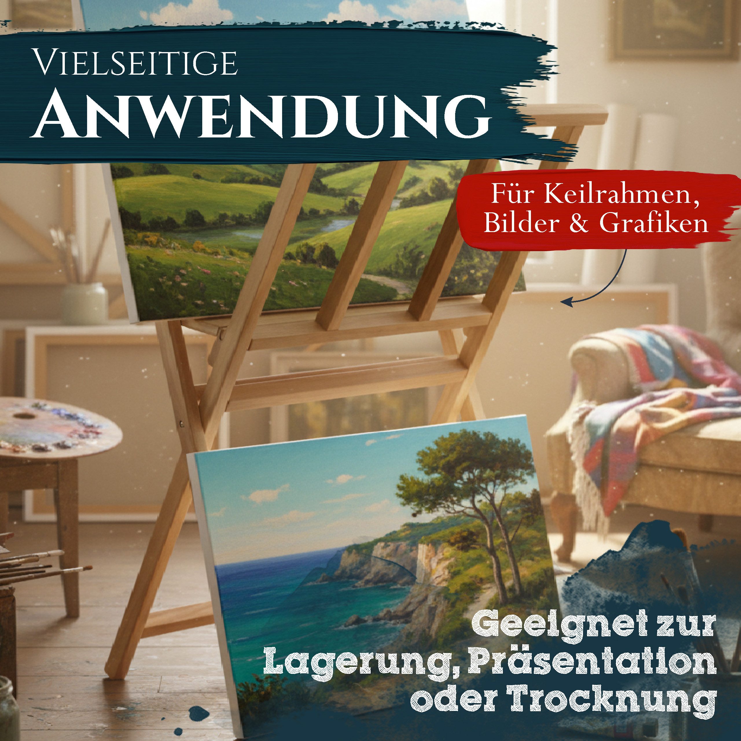 Artina Archivcontainer Bilderwippe Bilderständer aus Buchenholz klappbarer Matera, 65x48x71cm, Aufbewahrung & Präsentation von Leinwänden, Zeichnungen, Gemälden