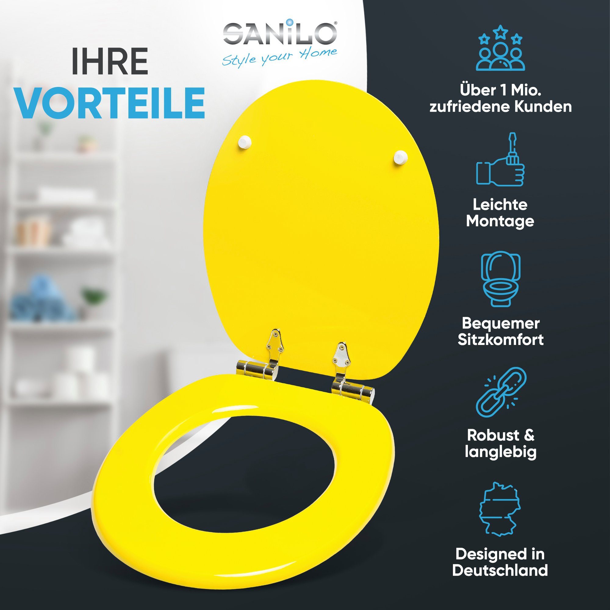 Sanilo WC-Sitz Gelb, mit Absenkautomatik, hochwertig & modern, universell, leichte Montage