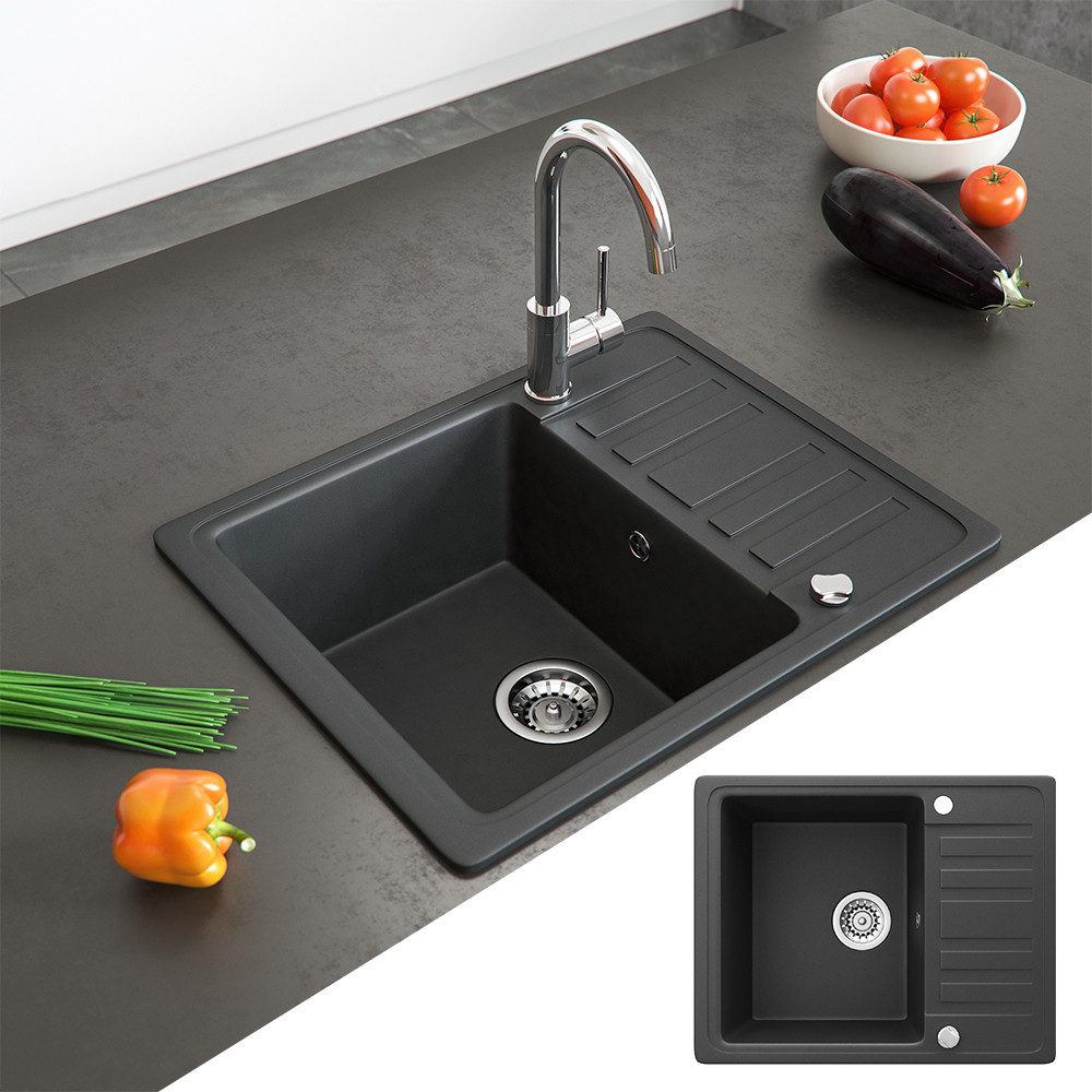 Bergstroem Granitspüle, Schwarz, 58 x 46 cm mit Trockenplatz, Rechteckig, 57.5/46 cm, beidseitig montierbar