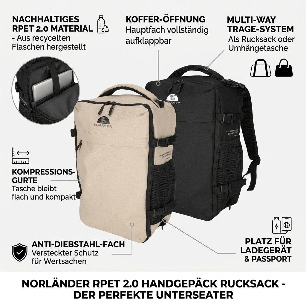 Norländer Reiserucksack Handgepäck-Rucksack – Nachhaltige Reisetasche mit 15,6" Laptopfach (1-tlg), RPET-Recycling, Anti-Diebstahl-Fach, Laptopfach 15,6", Trolley-Band