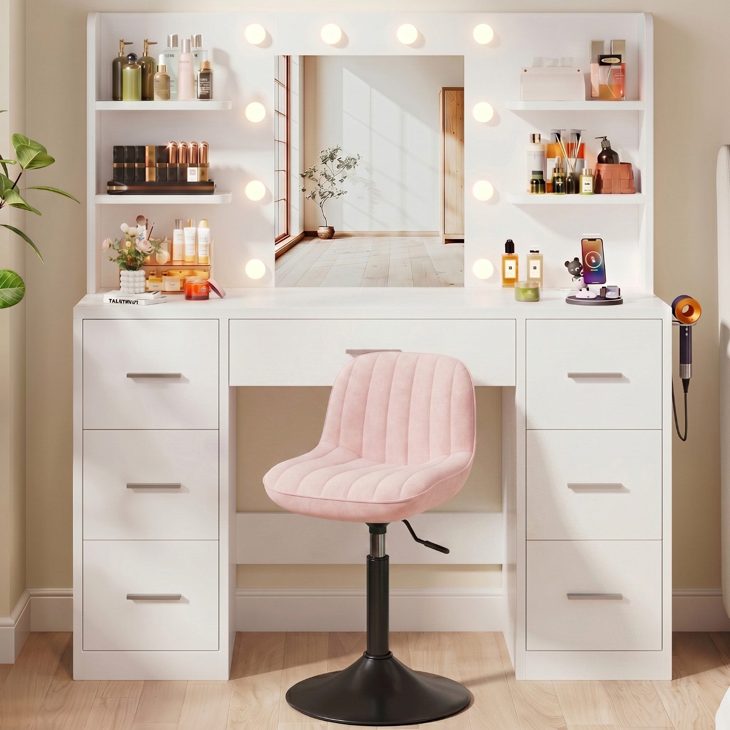 Furnicopia Schminktisch Mit einstellbarer LED-Beleuchtung, 7 Schubladen und 4 Fächern (Große Größe: 110 × 40 × 137 cm, mit 1 USB-Anschluss, 1 Typ-C-Ladeanschluss, 2 Netzsteckdosen und 1 Föhnhalterung. Erhältlich in Weiß oder Schwarz-ostern geschenke)