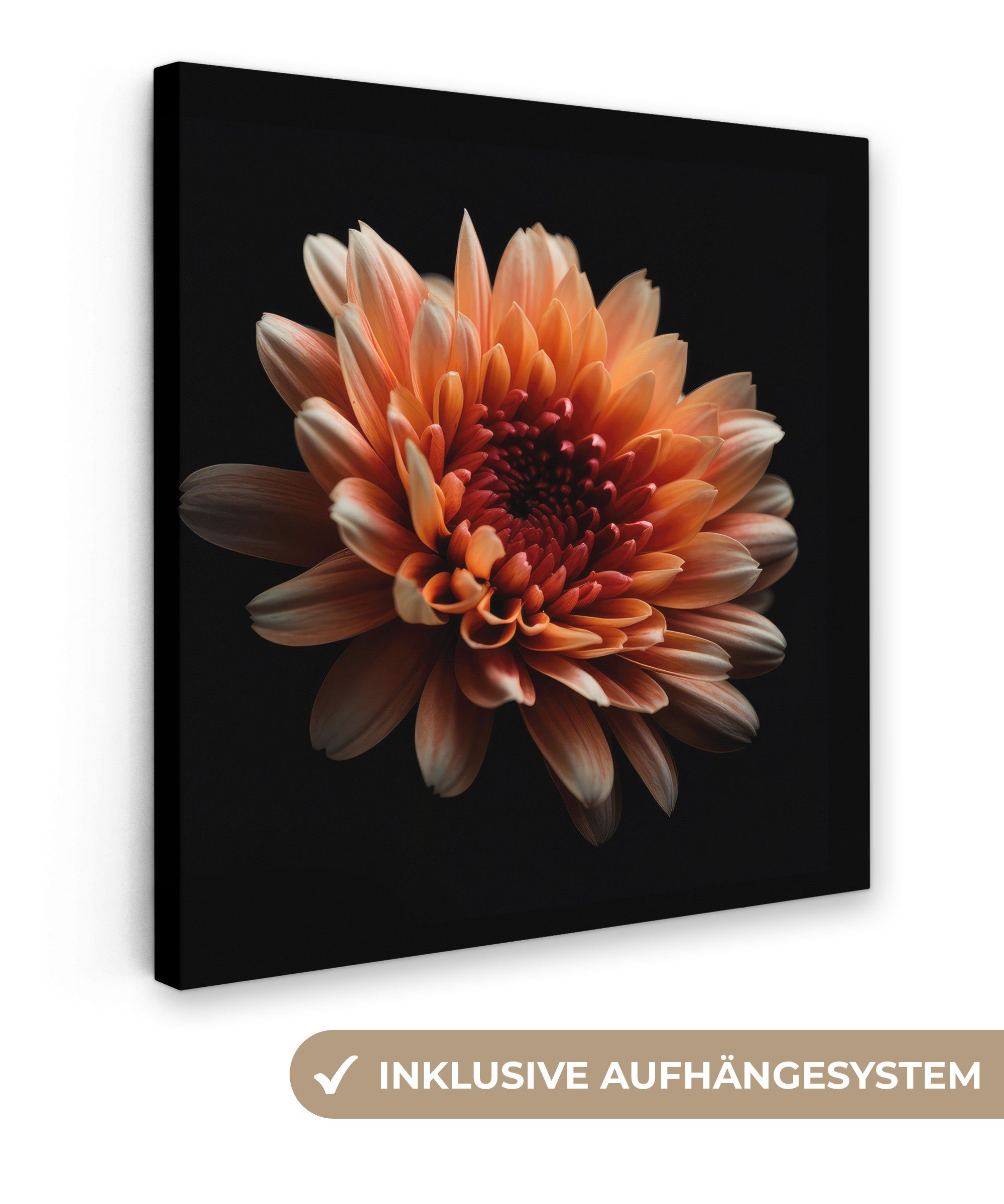 OneMillionCanvasses® Leinwandbild Blumen - Orange - Natur - Chrysantheme - Schwarz, (1 St), Leinwand Bilder für Wohnzimmer Schlafzimmer, 20x20 cm