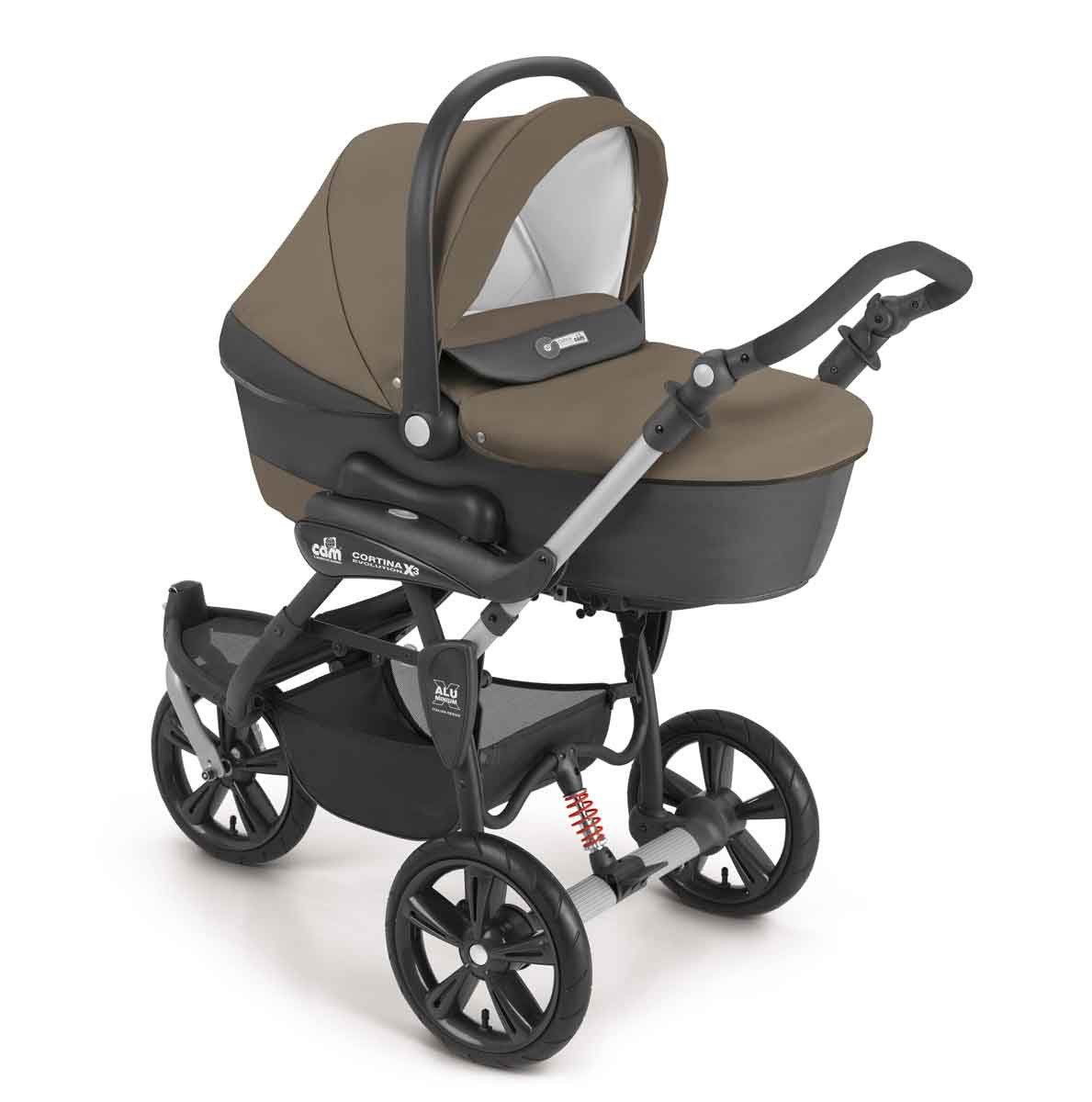 CAM Kombi-Kinderwagen 3-in-1 Cortina X3 tris inkl. Babyschale, Fußsack & Wickeltasche