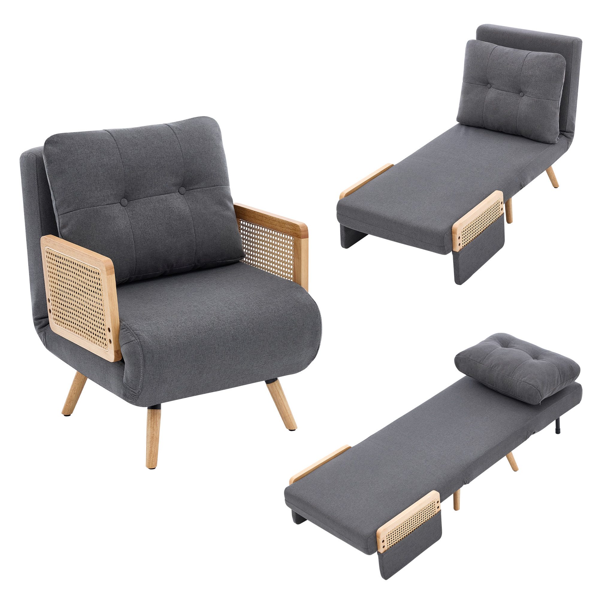 Merax Relaxliege 3-in-1 Schlafsessel mit Schlaffunktion, ausklappbarer Relaxsessel, Schlafsofa Klappsofa 67,5 × 73 × 86,5 cm 1 Teile, 5-fach verstellbarer Loungesessel mit Rattan-Armlehnen, Leinen