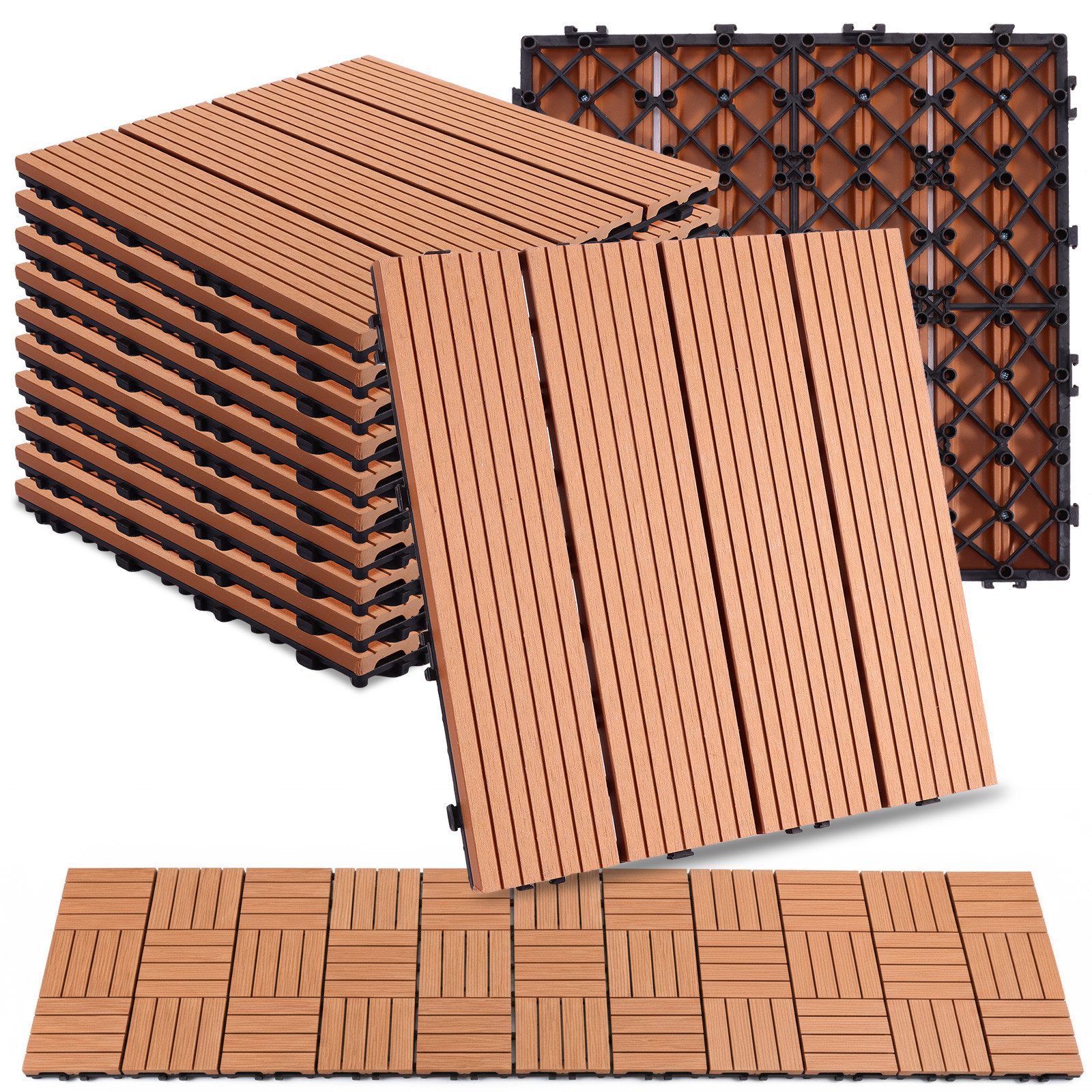 BlingBin Terrassendielen 30 x 30 cm PVC Bodenplatte, Terrassenfliesen für Außen Terrasse Balkon, 1 m², BxL: je 30x30 cm, 20 mm Stärke, (1er Set, 11-St., 11-teilige WPC Terrassenfliese), Mit Drainage und Klicksystem