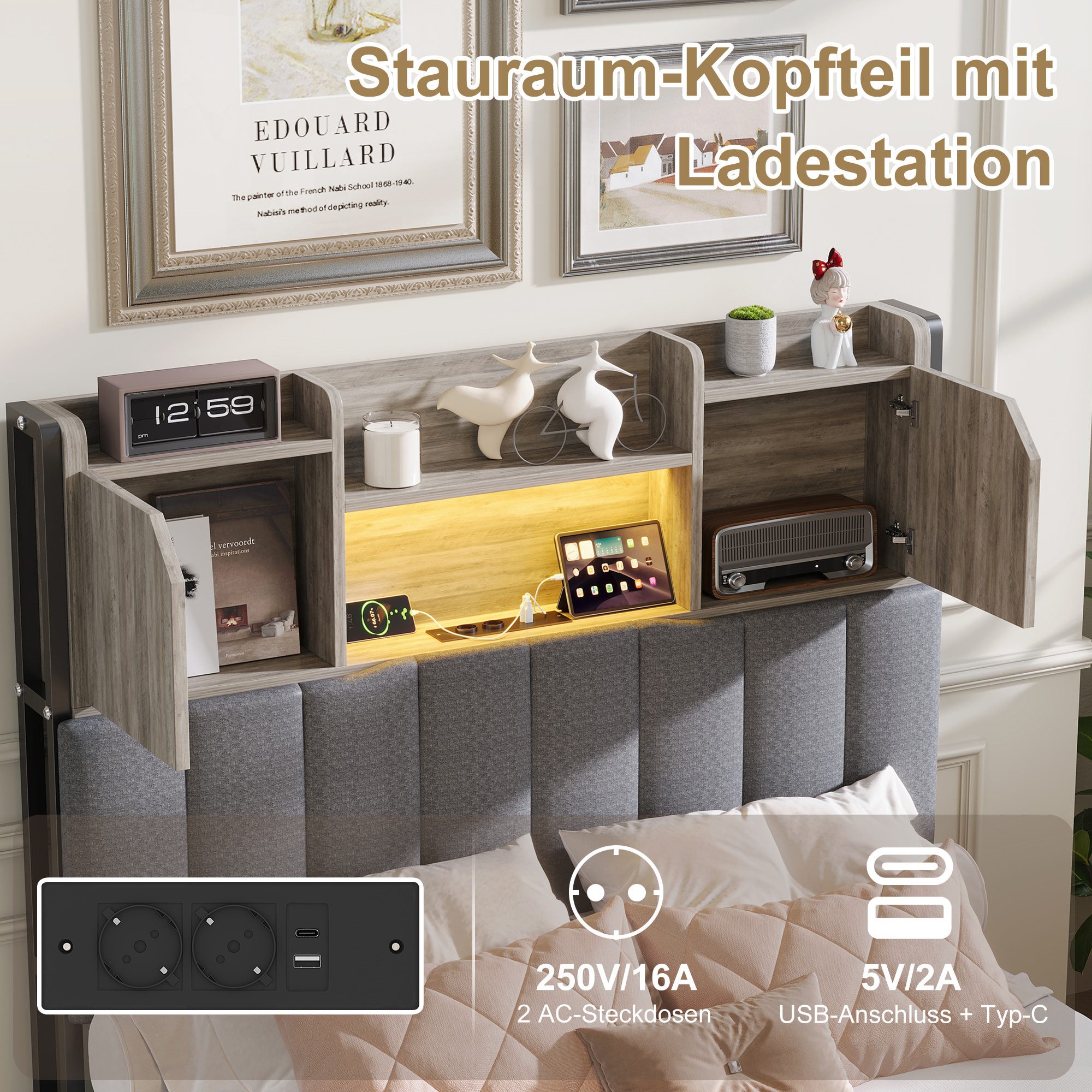 Simurq Einzelbett 90x200 Bettgestell mit Schubladen, Jugendbett, Polsterbett, Kopfteil mit Ablagefach, Mit Lattenrost, USB Port & LED, Graues Leinen