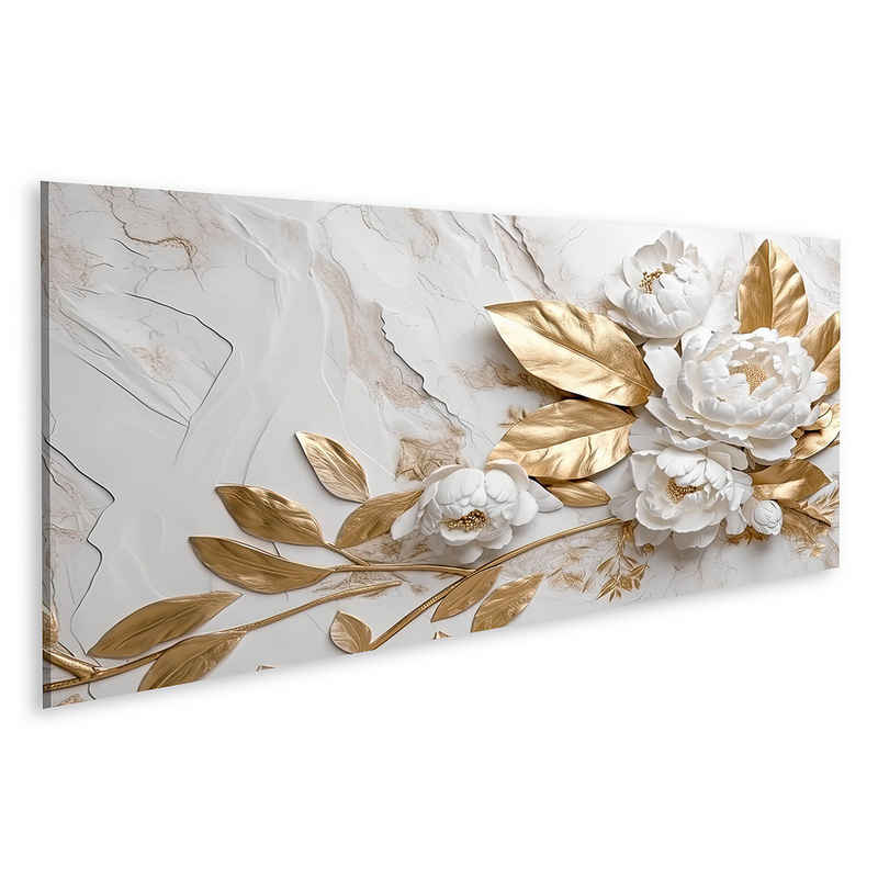 islandburner Leinwandbild Marmor Textur Weiß Gold Farben Goldene Blumen Luxuriöses Des Bilder