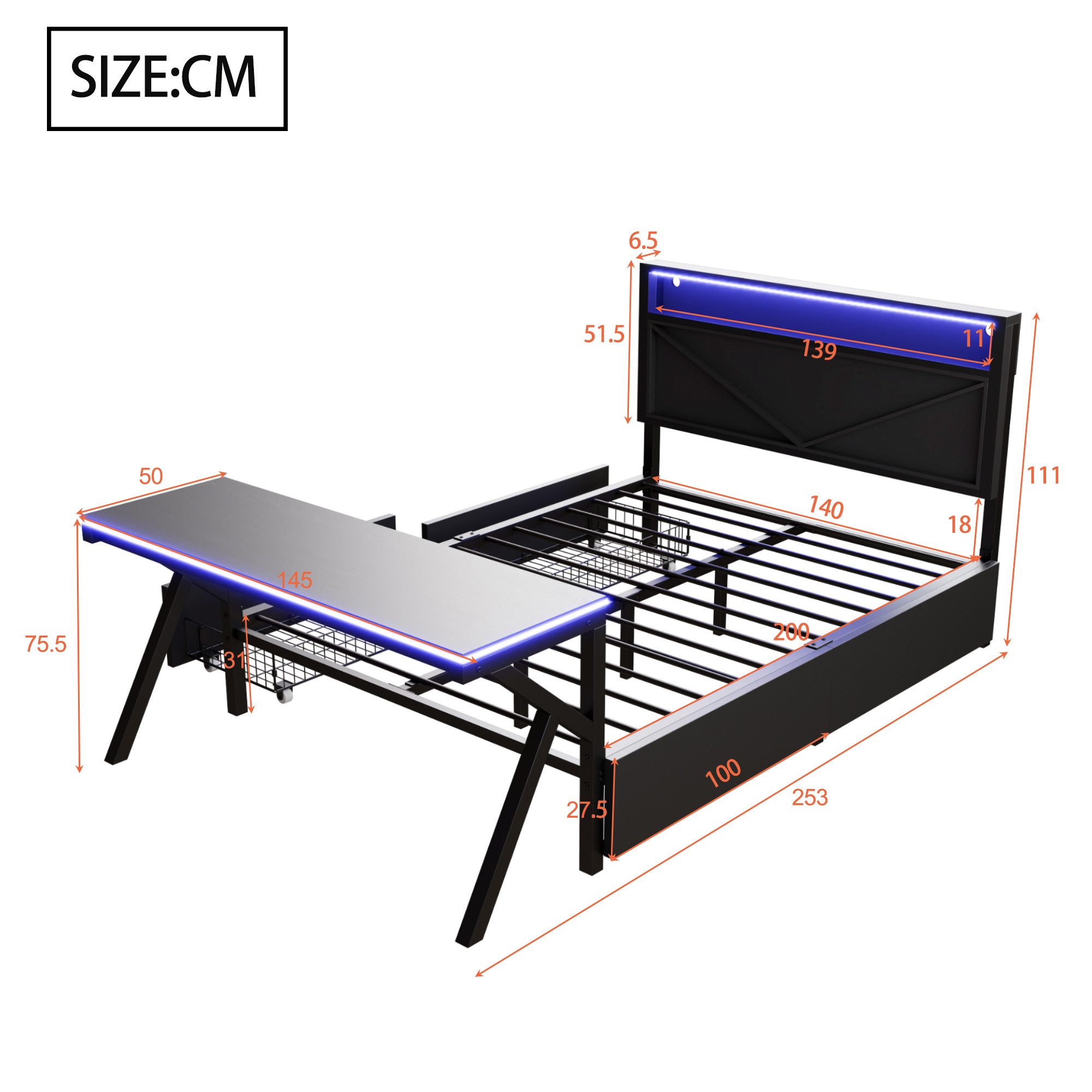 HAUSS SPOLE Youth Bed 140x200 with LED USB, Functional Bed with Desk and Storage