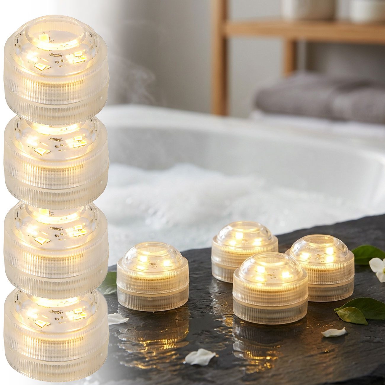 shop'n smile ideoon LED-Teelichter warmweiß, IP68 wasserdicht für Pool & Badewanne. Tauchbare LED-Lichter, LED, Teelicht mit Batterie