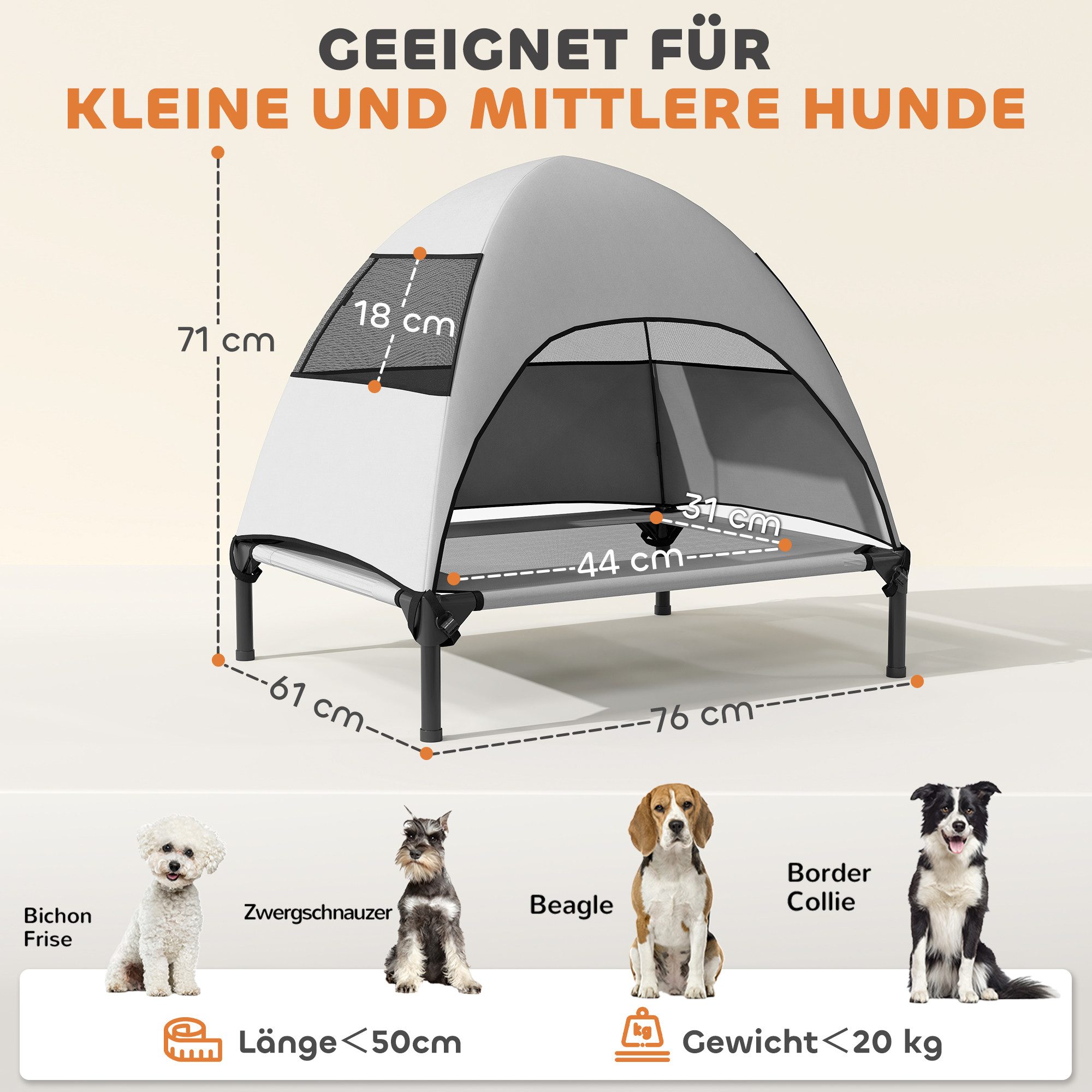 PawHut Tierbett Hundeliege Outdoor mit Dach, Erhöhtes Hundebett, Polyester, für Mittelgroße Hunde, für Draußen Camping, 76x61x71cm, Hellgrau – Bild 3 von 5