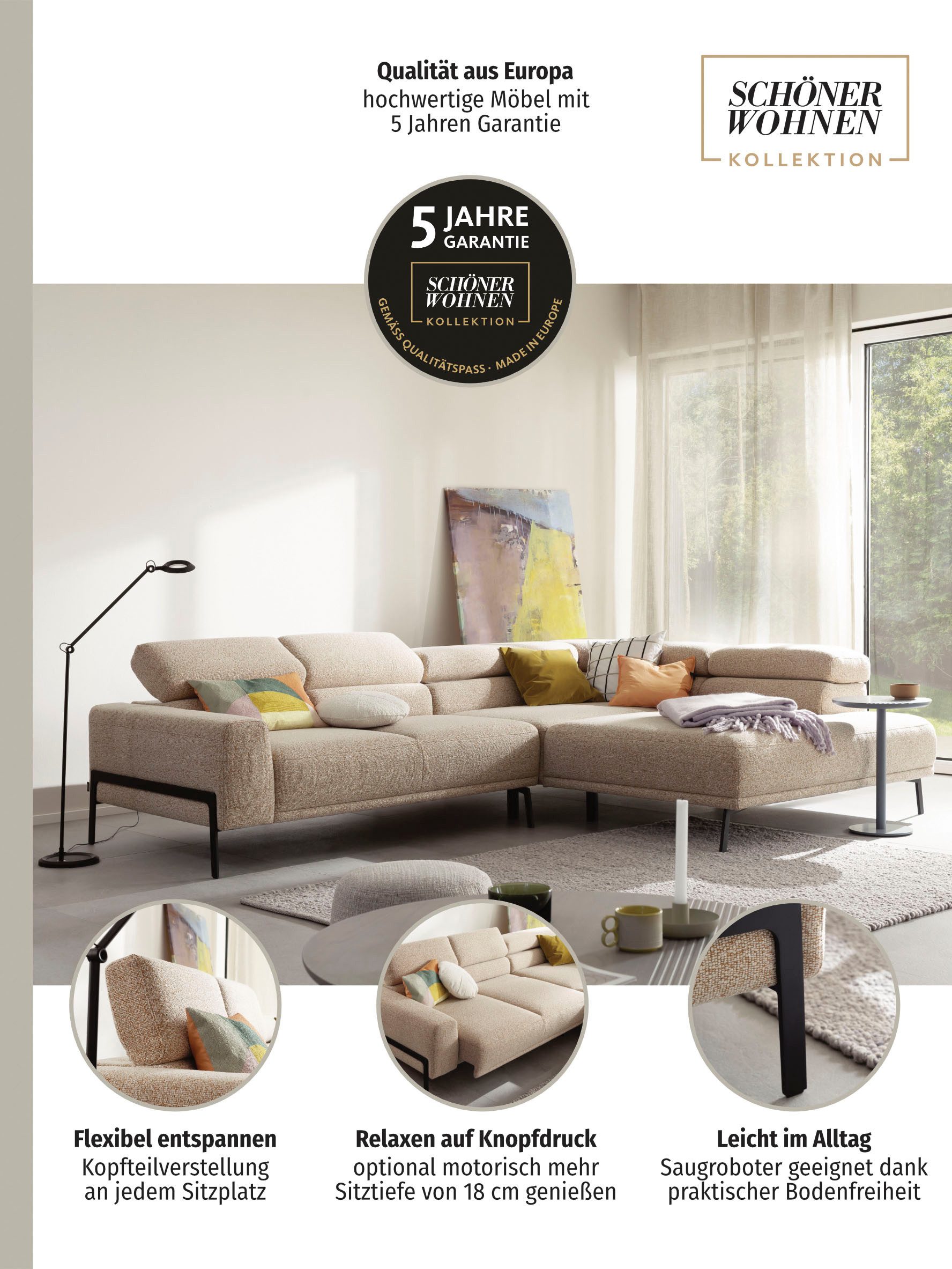 SCHÖNER WOHNEN-Kollektion Ecksofa Tossa, Modernes Design trifft smarte Funktione, Breite 273 cm, 2 Teile, Motorischer Sitzvorzug, Kopfteil-Funktion & Saugroboter-Höhe