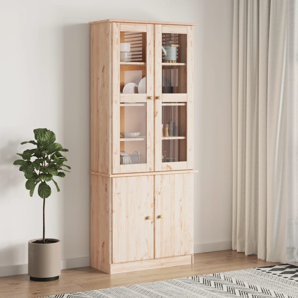 furnicato Vitrine Holzvitrine aus Massivholz, 77 x 35 x 186,5 cm, unbehandelt (1-St) Schrank mit Glastüren, viel Stauraum und Knäufen aus Kiefernholz