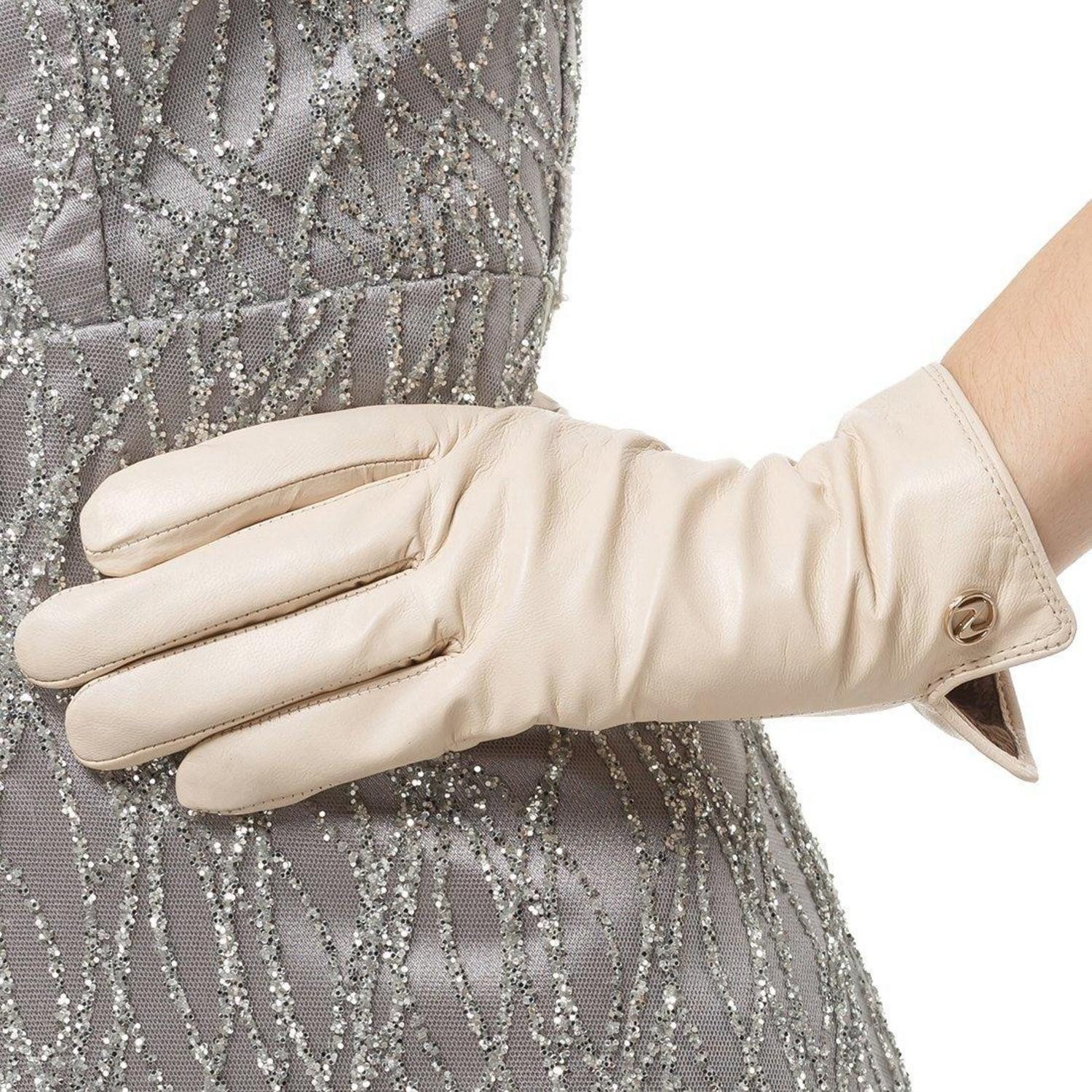 LuxusKollektion Lederhandschuhe Damen Leder Handschuhe Fleece Weiß M (1-St)