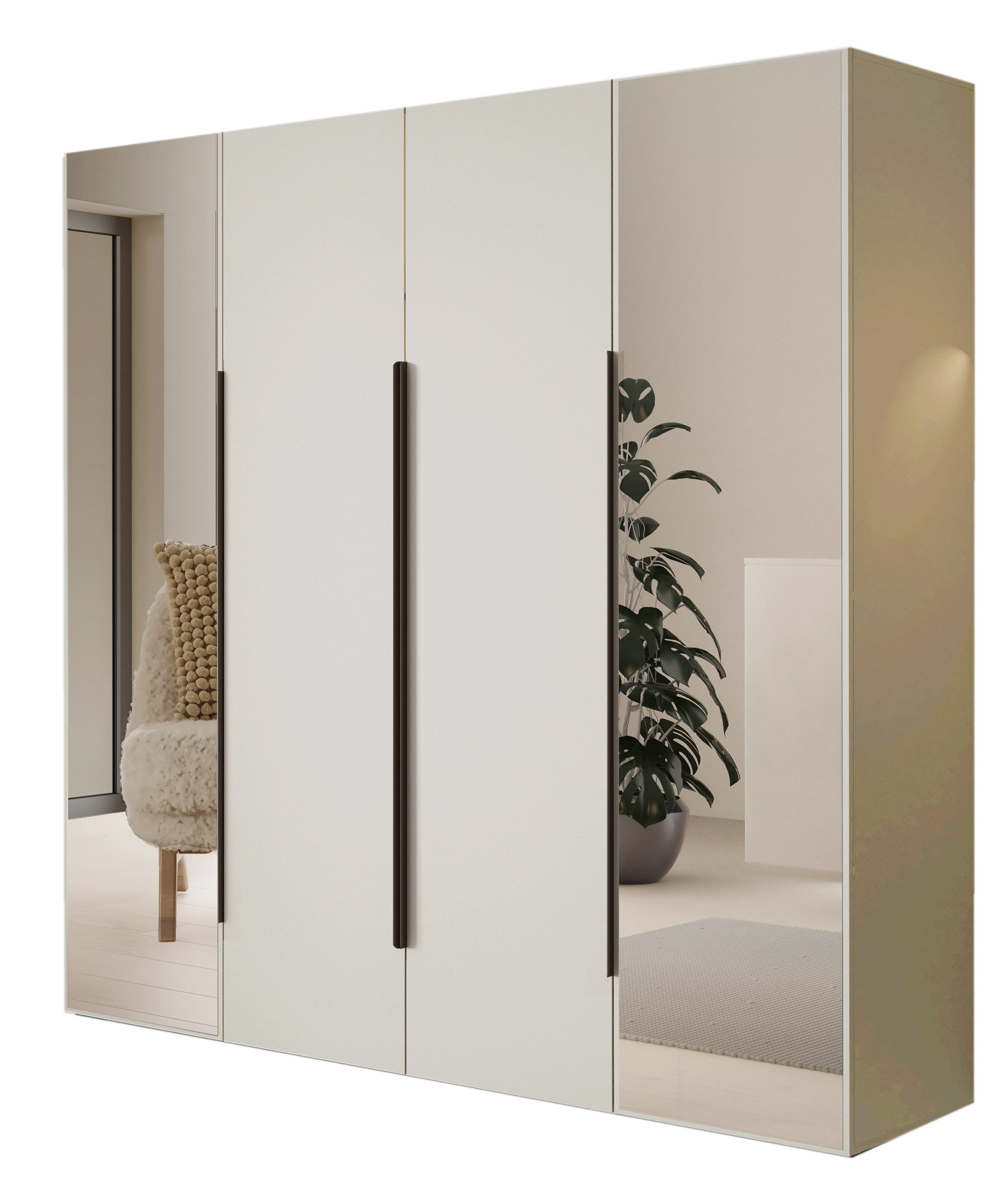 Compleo Kleiderschrank mit 4 Türen, Drehtürenschrank, Garderobenschrank mit Spiegel