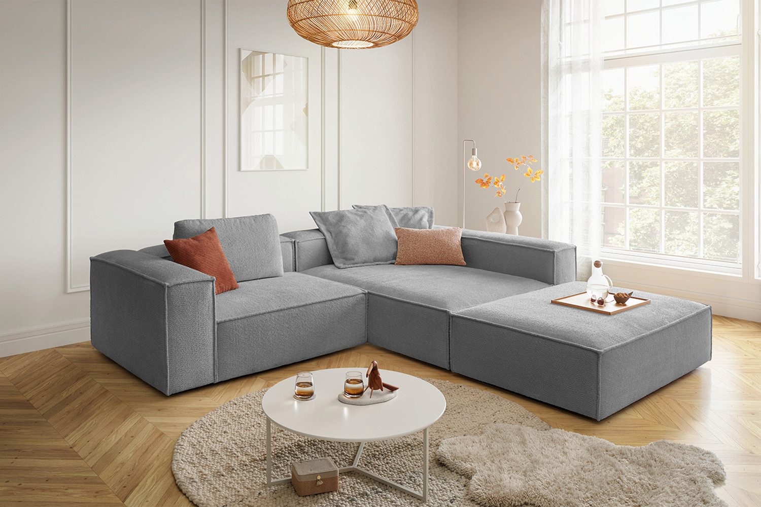 KAWOLA Ecksofa CARMO, L-Form rechts oder links mit Hocker Stoff verschiedene Farben