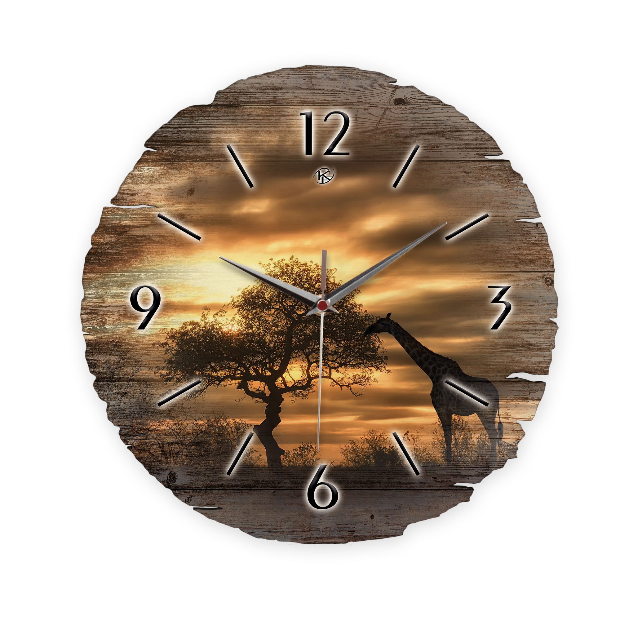Kreative Feder Wanduhr Wanduhr "Giraffe in Afrika" aus Naturholz (ohne Ticken; Funk- oder Quarzuhrwerk; ⌀ 30cm; außergewöhnlich)