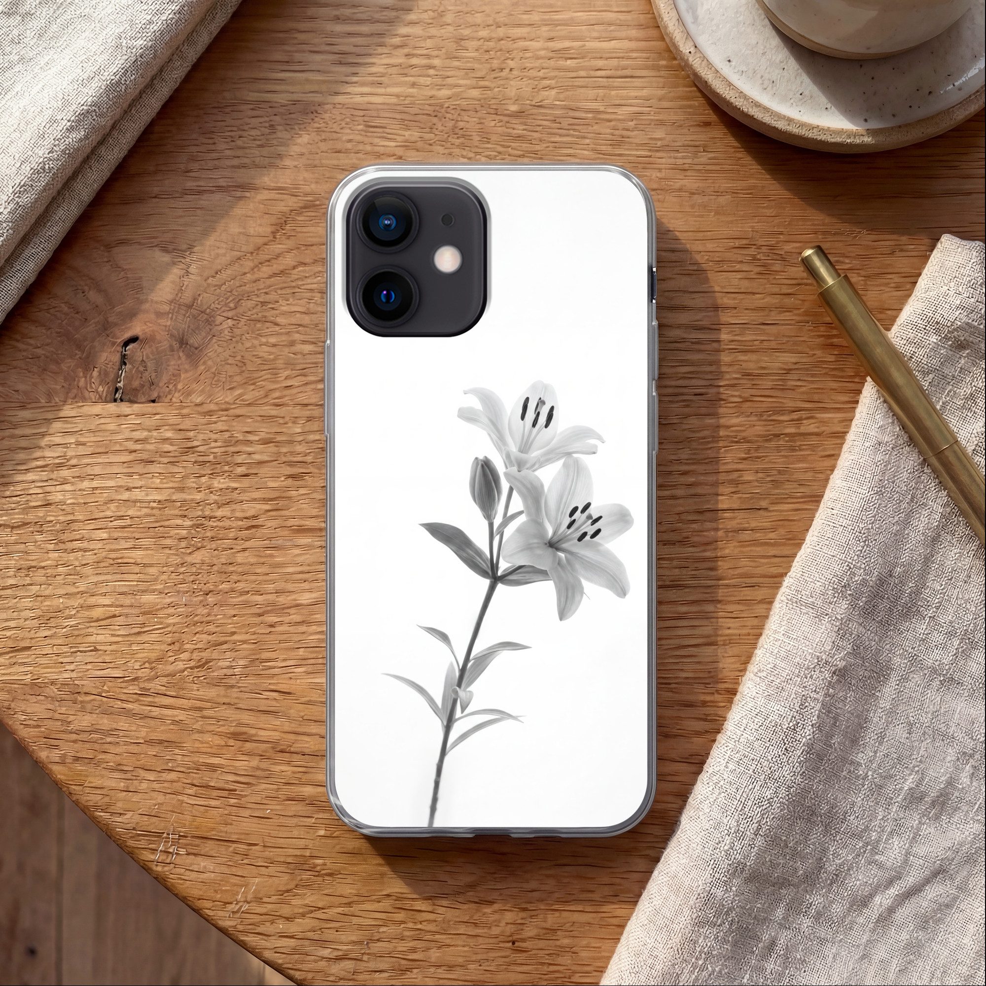 MuchoWow Handyhülle für Apple iPhone 12 Mini Lilien - Elegant - Schwarz - Weiß, Smartphone-Bumper, Print, Handy Schutzhülle Dünn