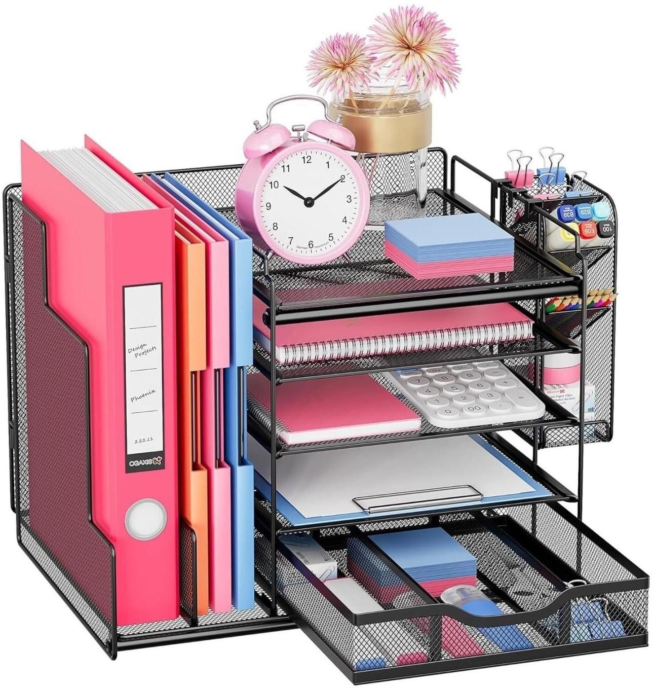 SURFOU Organizer Schreibtisch Organizer ZubehörStiftehalter Bürobedarf Briefablage (Büro organizer, Büro Gadgets, Stehsammler Dokumentenablage, Briefablage, Schreibtisch Organizer mit Aktenhalter, 5 Tier Briefablage Ablagefächer mit Schublade,1 Stifthalter, Netz Schreibtisch Ablage, 1 St., Zeitschriftenhalter für Büro Bedarf Dokumentenablage(Schwarz), Platzsparend und einfach zu installieren