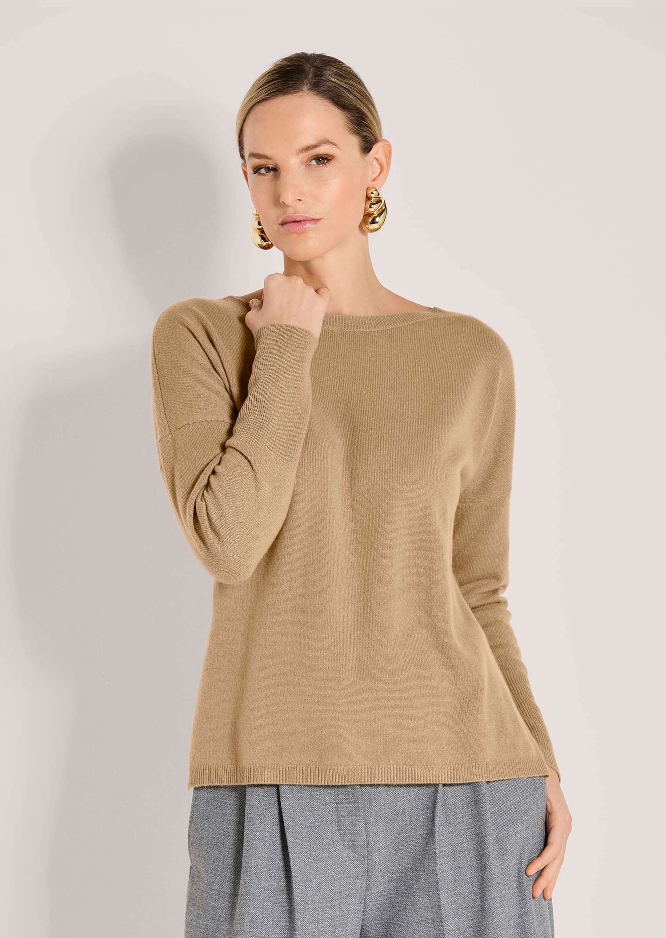 MADELEINE Strickpullover Schlichter Strickpullover mit U-Boot-Ausschnitt Langarmshirt mit lässigem Schnitt, überschnittene Schultern