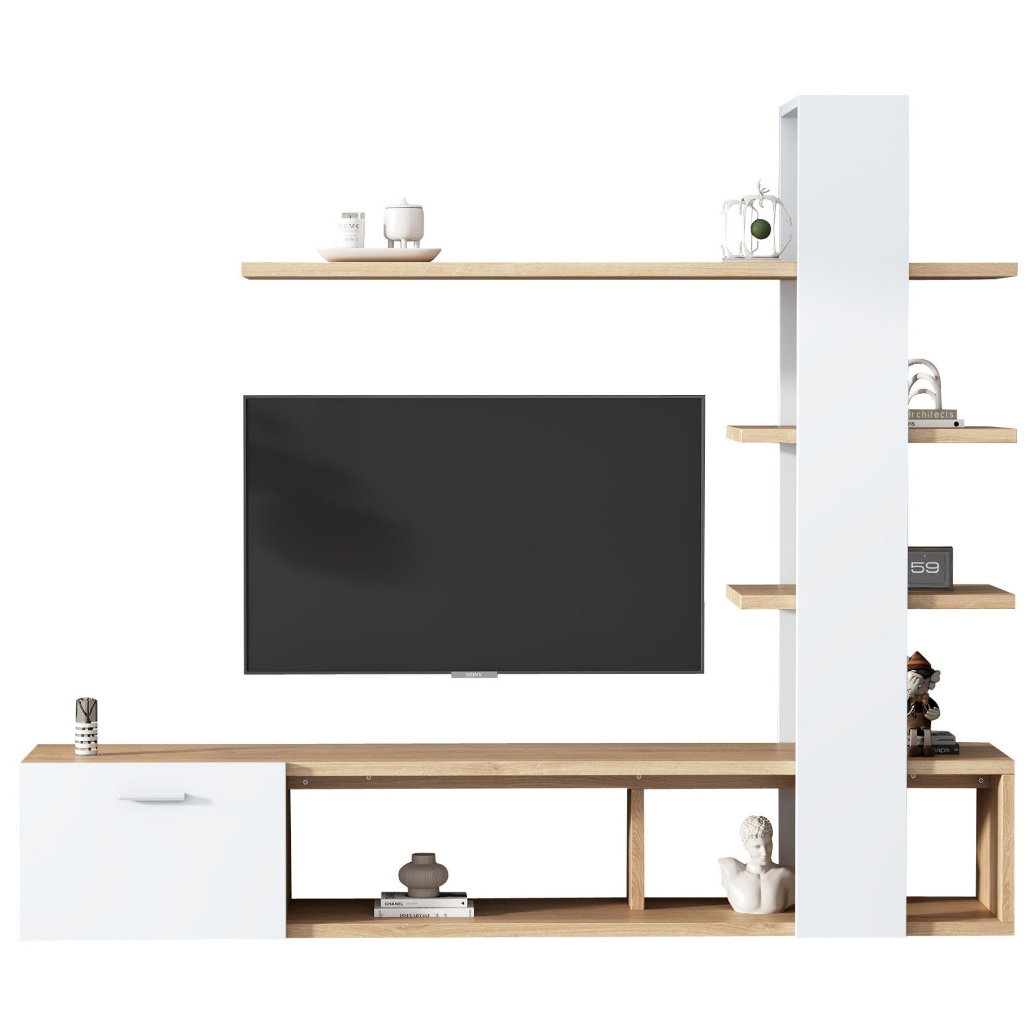 SeedWave Lowboard TV-Lowboard mit 2 offenen Fächern, 1 Tür, zusätzlichem Wandregal (Set, Besteht aus TV-Lowboard×1, Wandregal×1), Reicher Stauraum, mehrer Gefache für bessere Sortierung