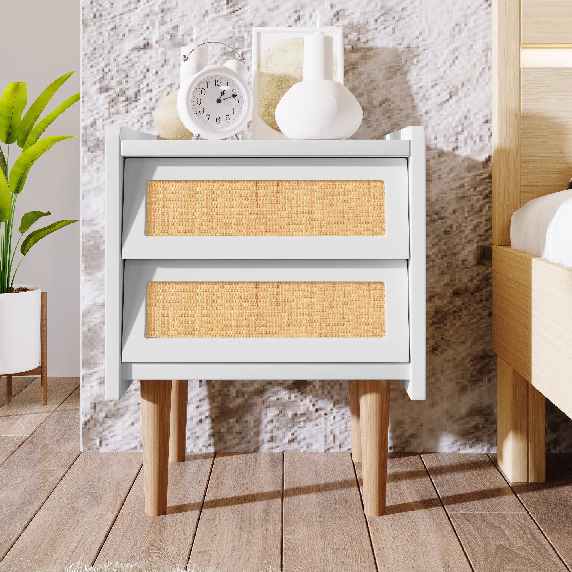Nachttisch (1-St., Beistelltisch Nchtkommode), Nachtschrank mit 2 Schubladen, aus Rattan & Massivholz, 55x43.5x35 cm