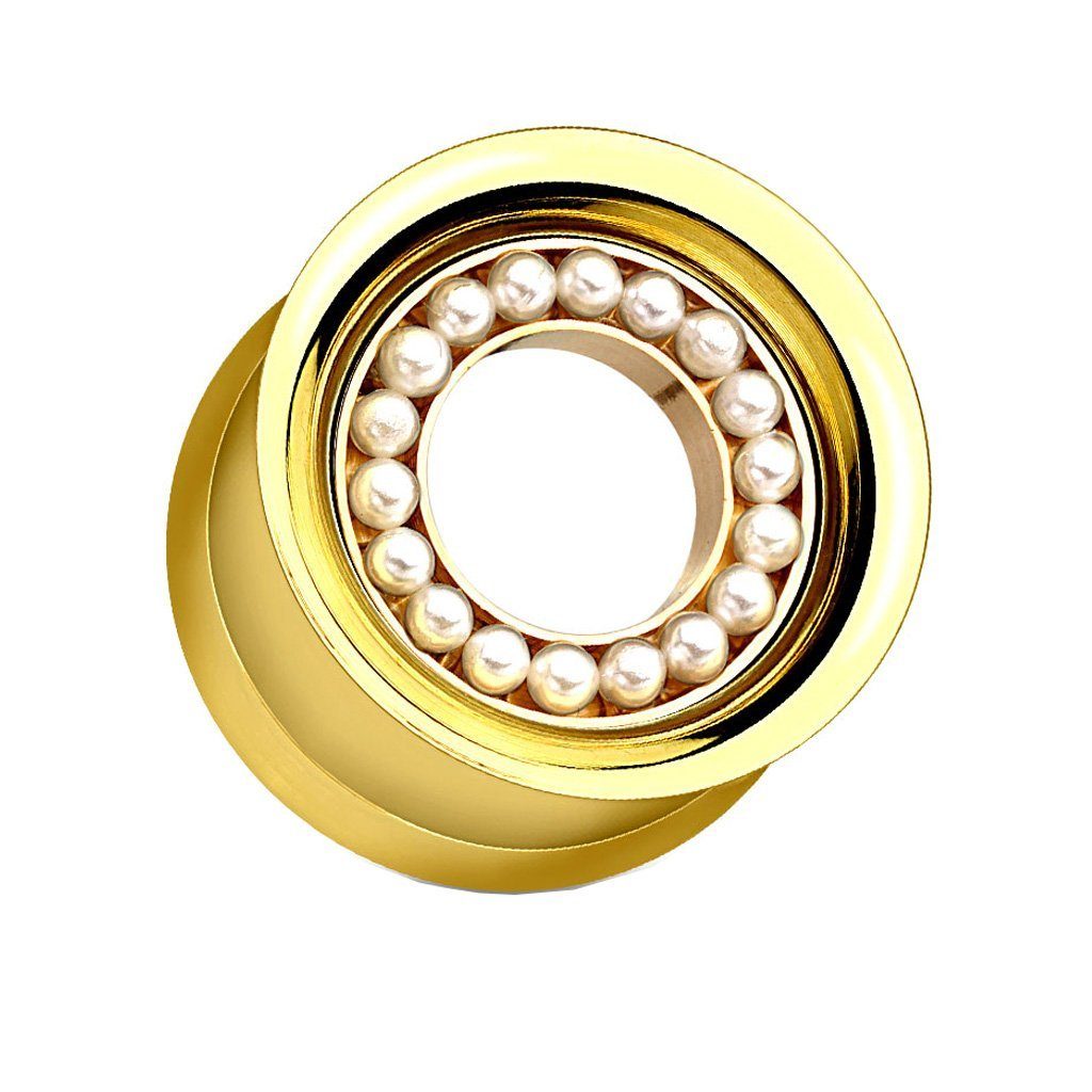 Taffstyle Plug Tunnel Piercing Double Flared Gold Perlen Inlay, Flesh Tunnel Ohr Plug Ohrpiercing Double Flared Gold mit Perlen Inlay | Plugs