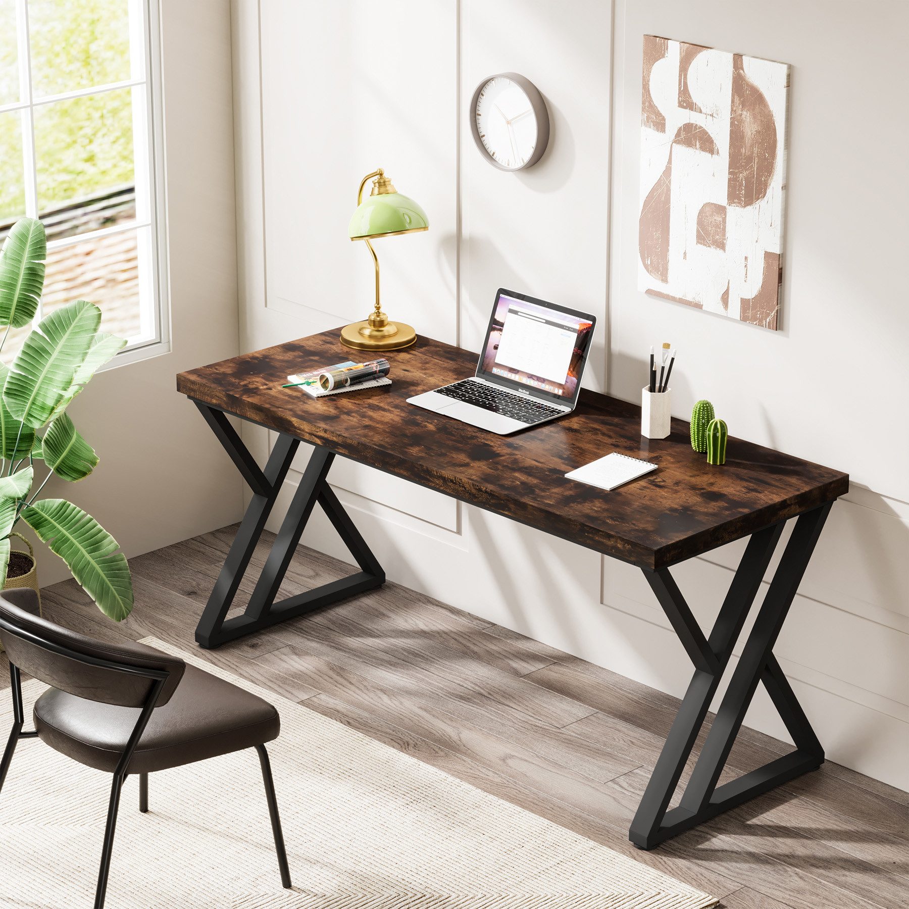 Tribesigns Schreibtisch 140 cm Industrie-Computertisch, Z-förmiger für Büro und Arbeitszimmer