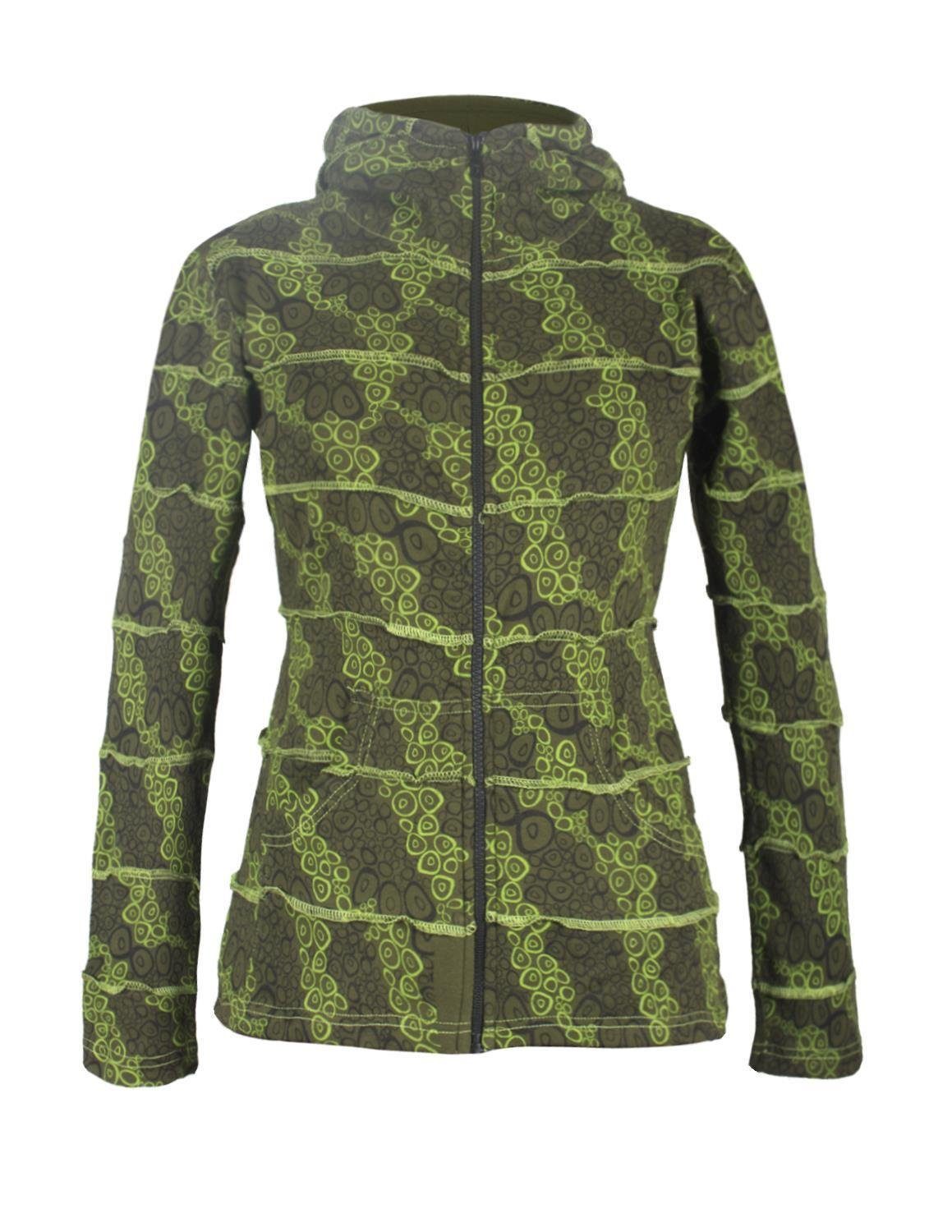 Vishes Kapuzensweatjacke Style olive Goa, Zipfelkapuze Boho Bedruckte mit Jacke Elfen, Patchwork Hippie